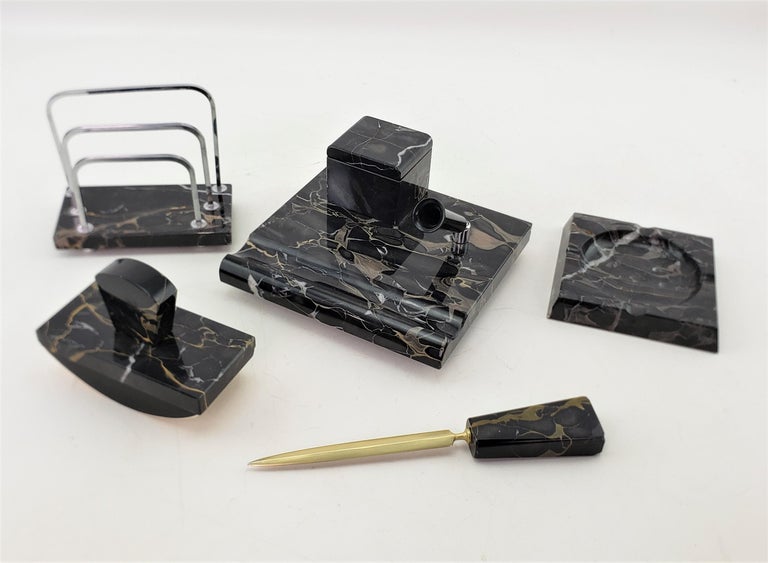 Antique Art Deco Black Marble Five Piece Desk Set with Chrome and Brass