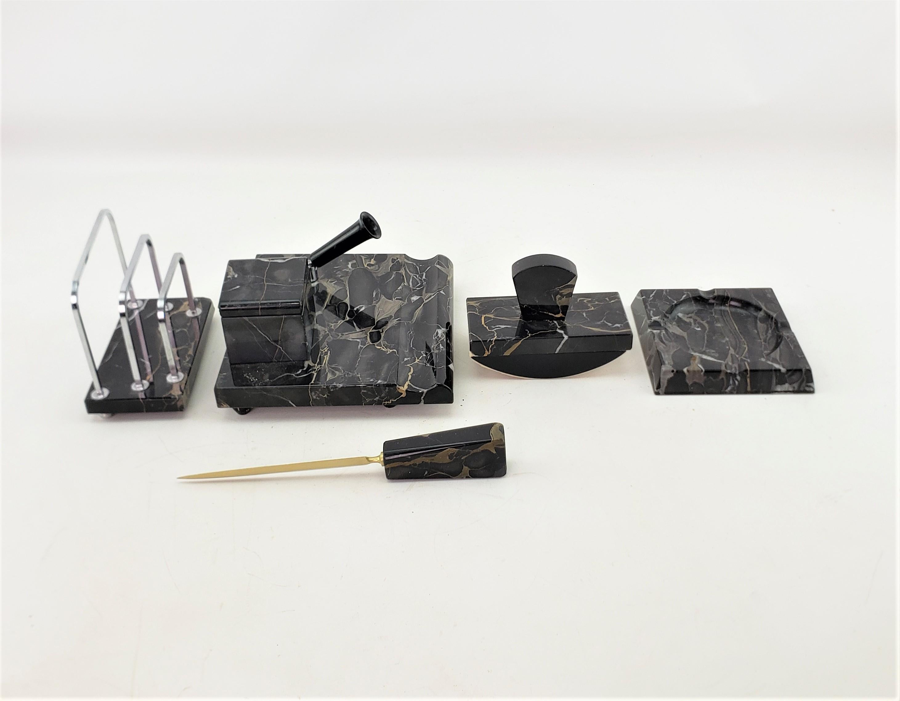 Antique Art Deco Black Marble Five Piece Desk Set with Chrome & Brass Accents In Good Condition For Sale In Hamilton, Ontario