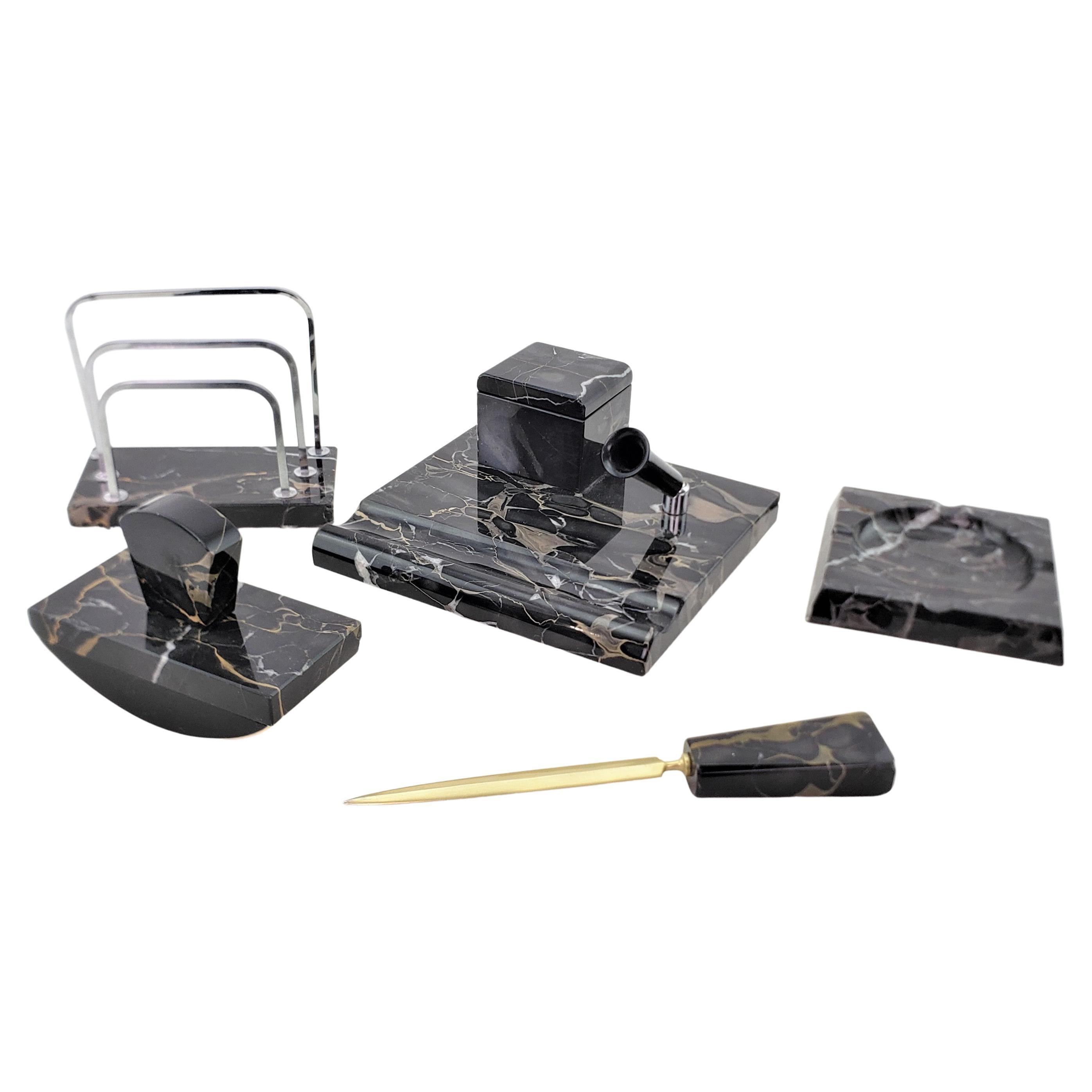 Antikes Art-Déco-Schreibtisch-Set aus schwarzem Marmor mit Chrom- und Messing-Akzenten