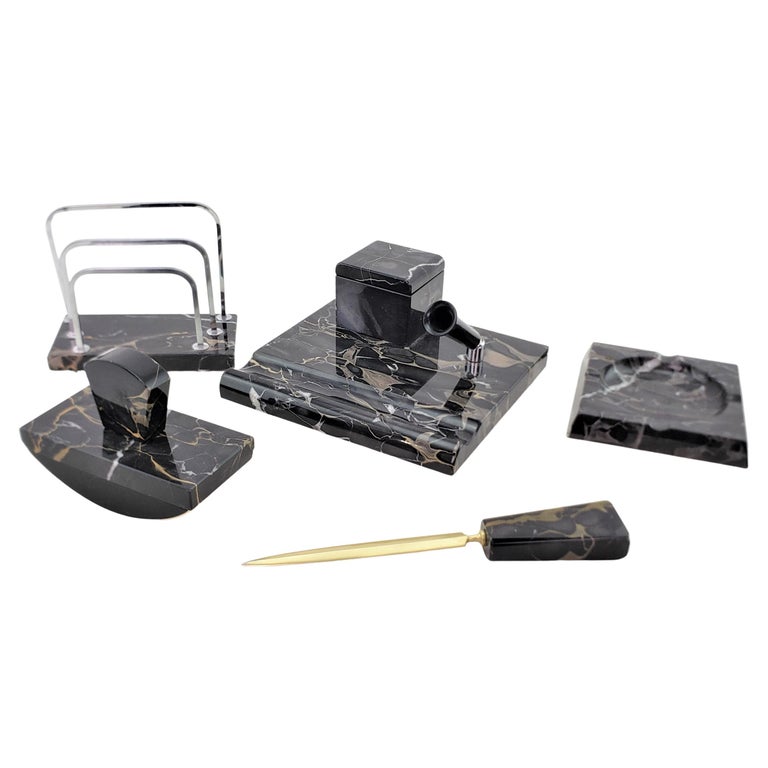 Antique Art Deco Black Marble Five Piece Desk Set with Chrome and Brass
