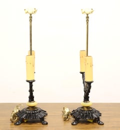 Antique Art Deco Black Painted Metal Double Candlestick Table Lamps - Pair