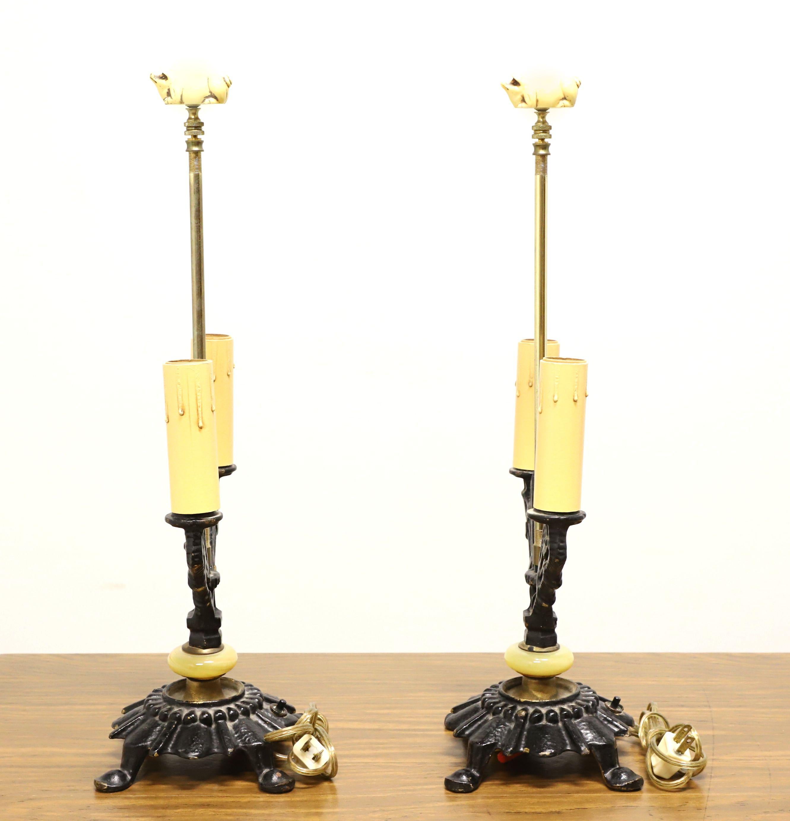 American Antique Art Deco Black Painted Metal Double Candlestick Table Lamps - Pair For Sale