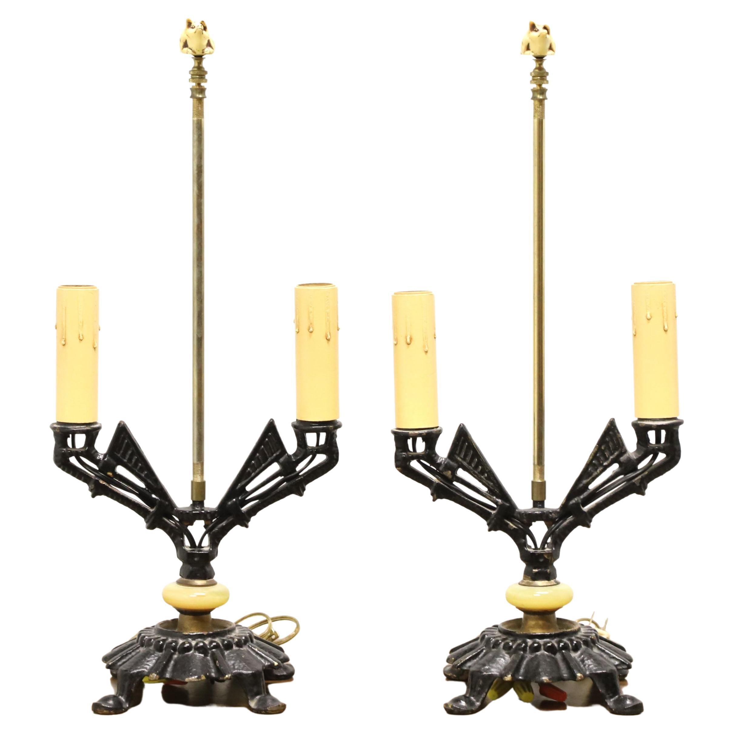 Antique Art Deco Black Painted Metal Double Candlestick Table Lamps - Pair For Sale