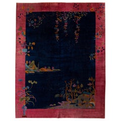 Tapis chinois Art Déco ancien en laine bleu et rouge fait à la main
