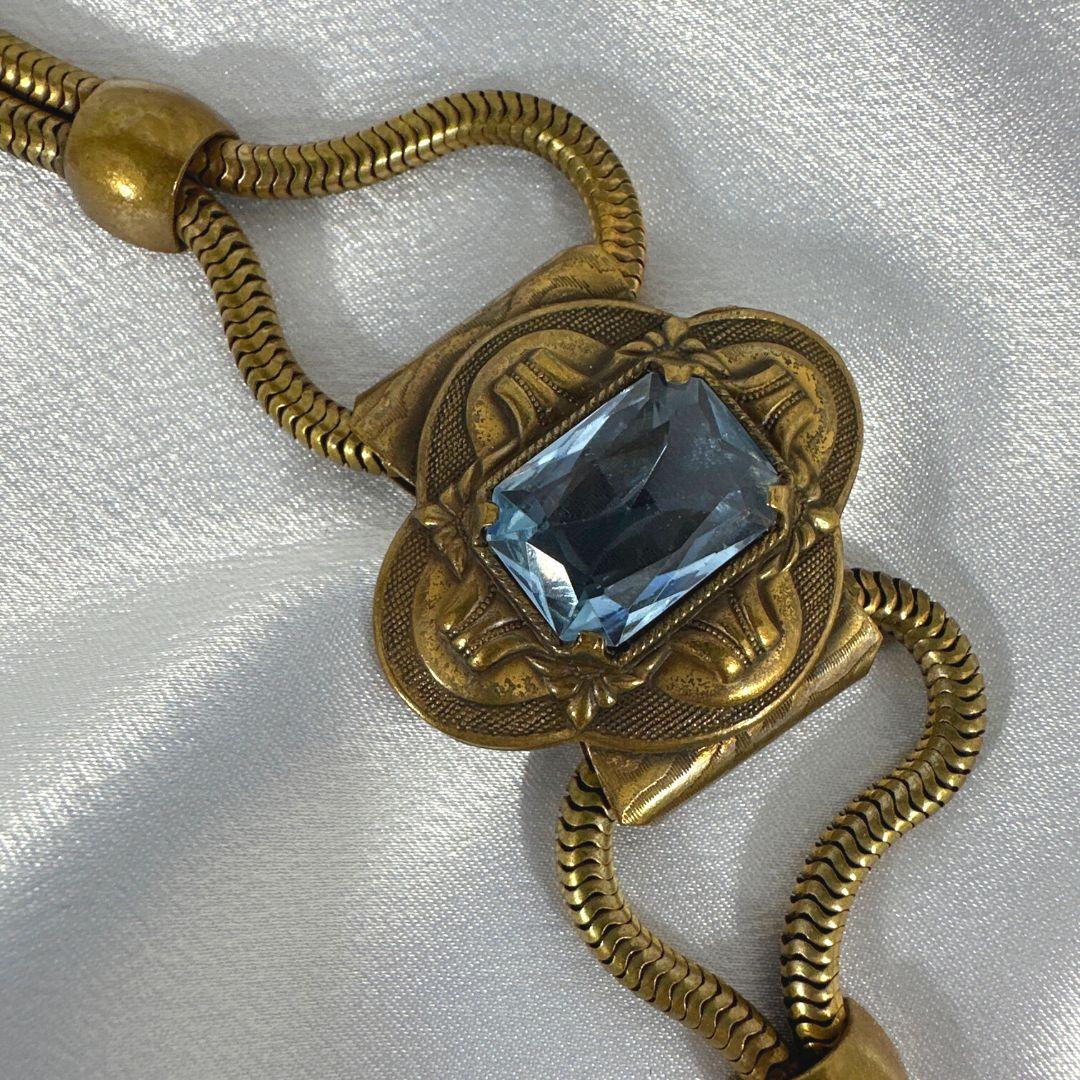 Antique Art Deco Blue Baguette Cut Crystal Set of Necklace & Bracelet  For Sale 6