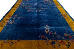 Antique Art Deco Navy Blue Chinese Handmade Floral Wool Rug