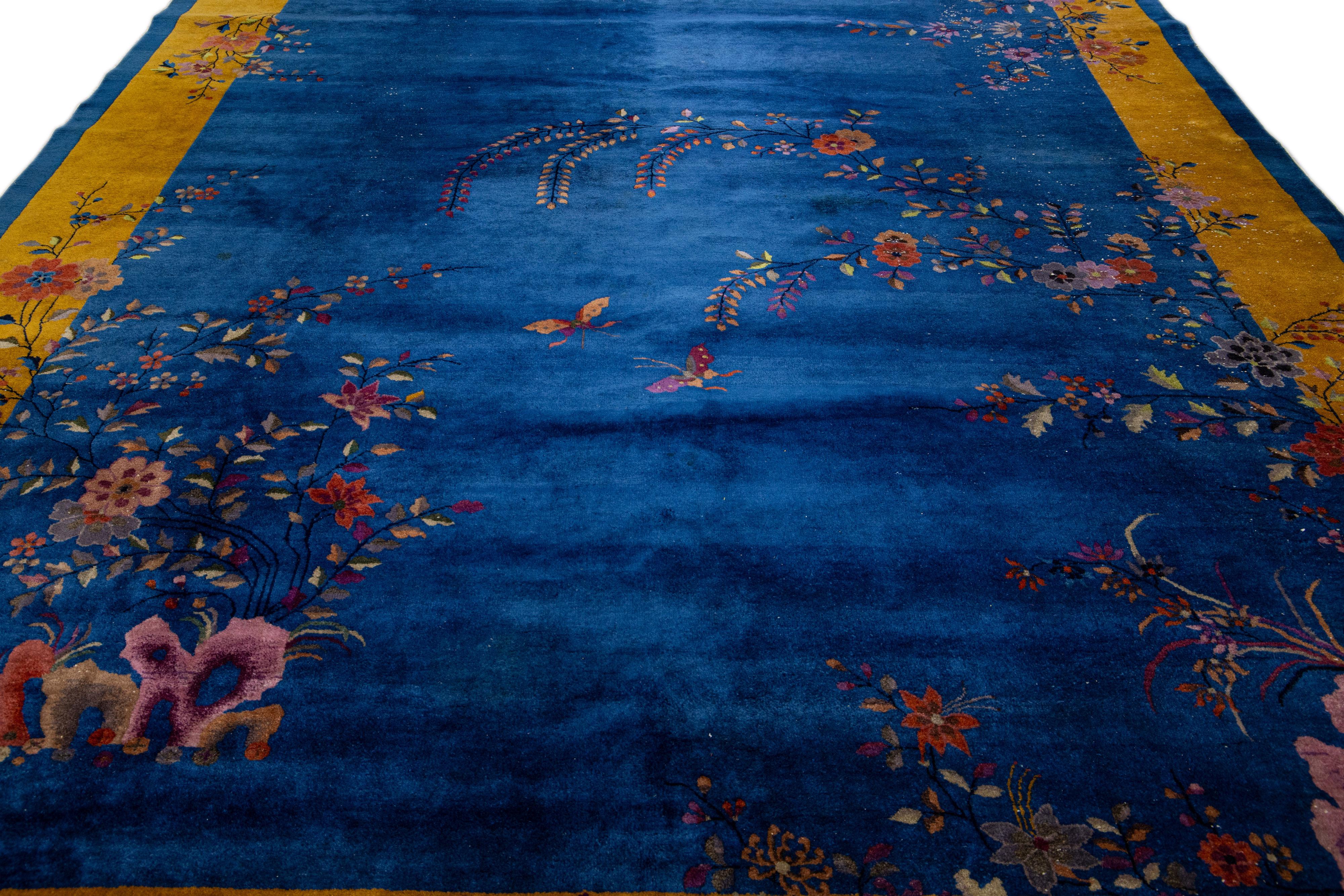 Hand-Knotted Antique Art Deco Blue Chinese Handmade Floral Wool Rug For Sale