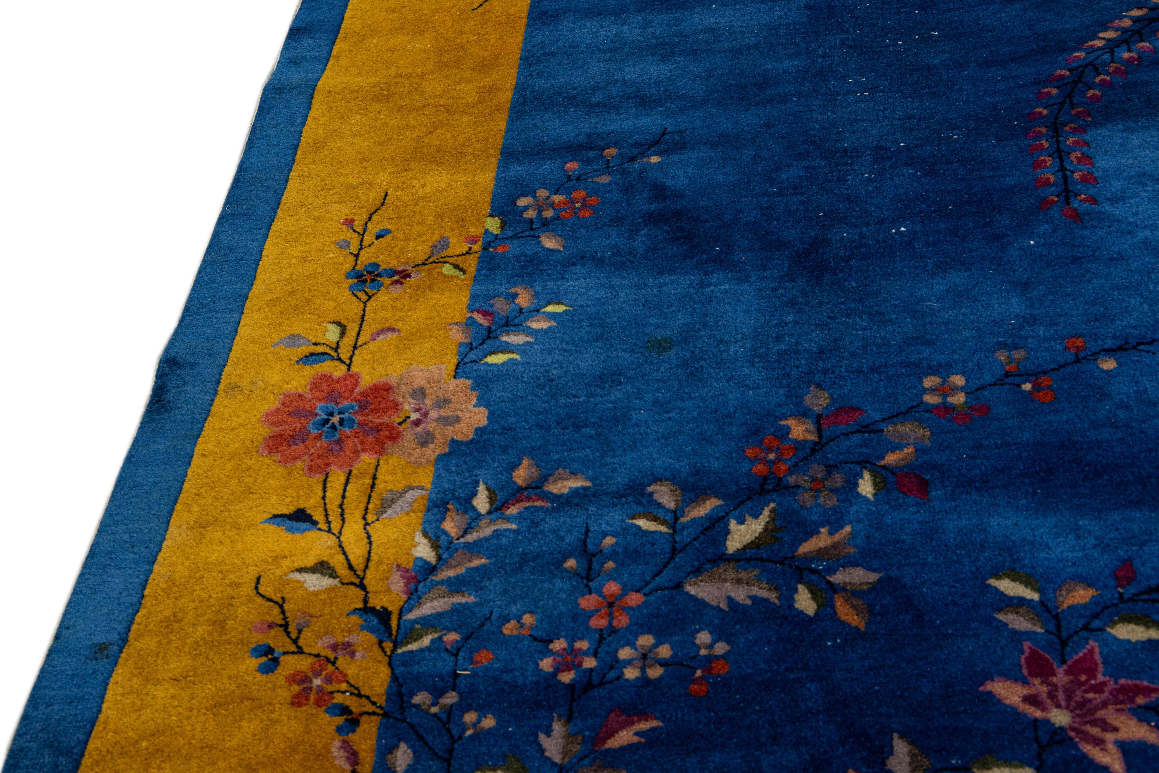 Antique Art Deco Blue Chinese Handmade Floral Wool Rug In Excellent Condition For Sale In Norwalk, CT