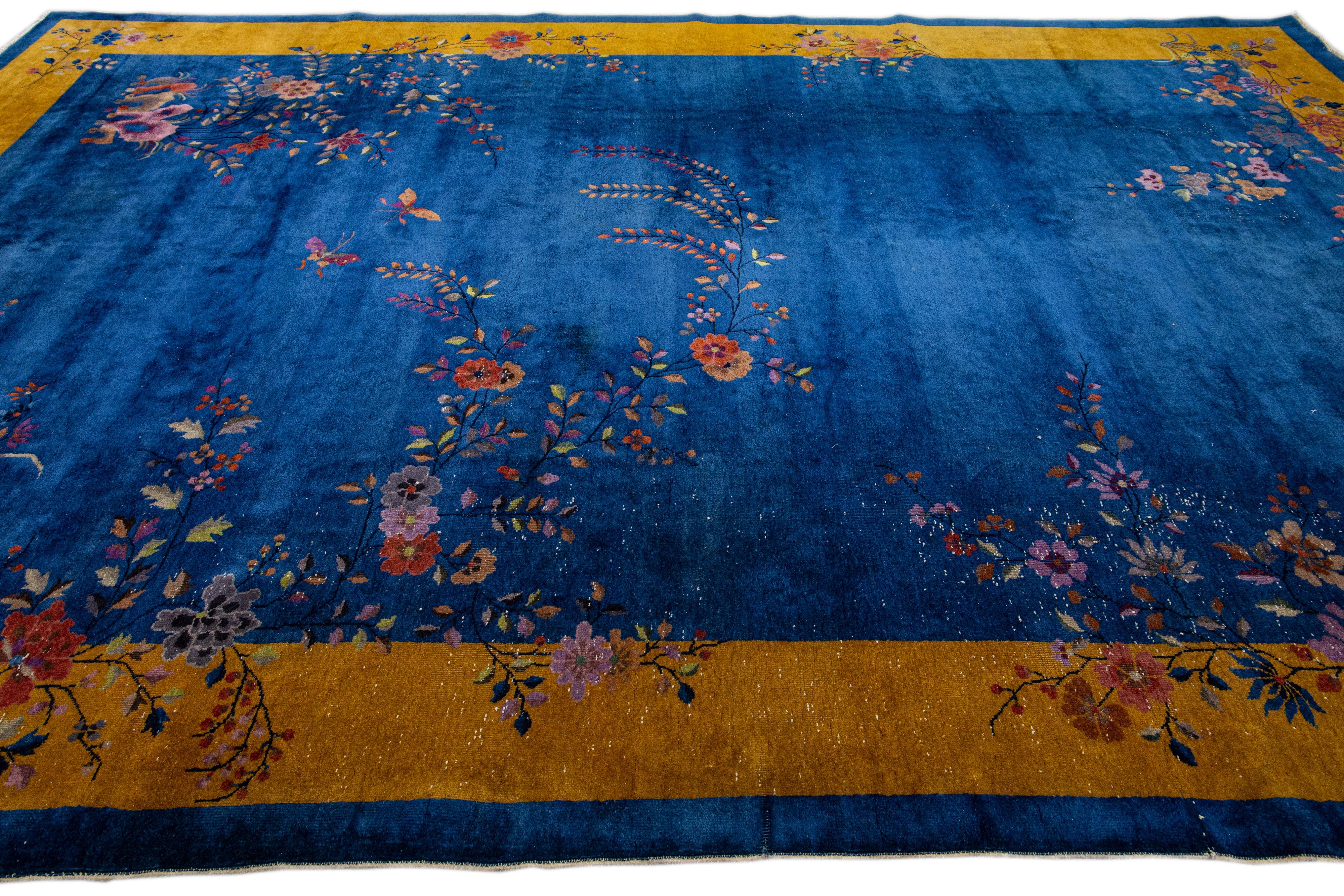 20th Century Antique Art Deco Blue Chinese Handmade Floral Wool Rug For Sale