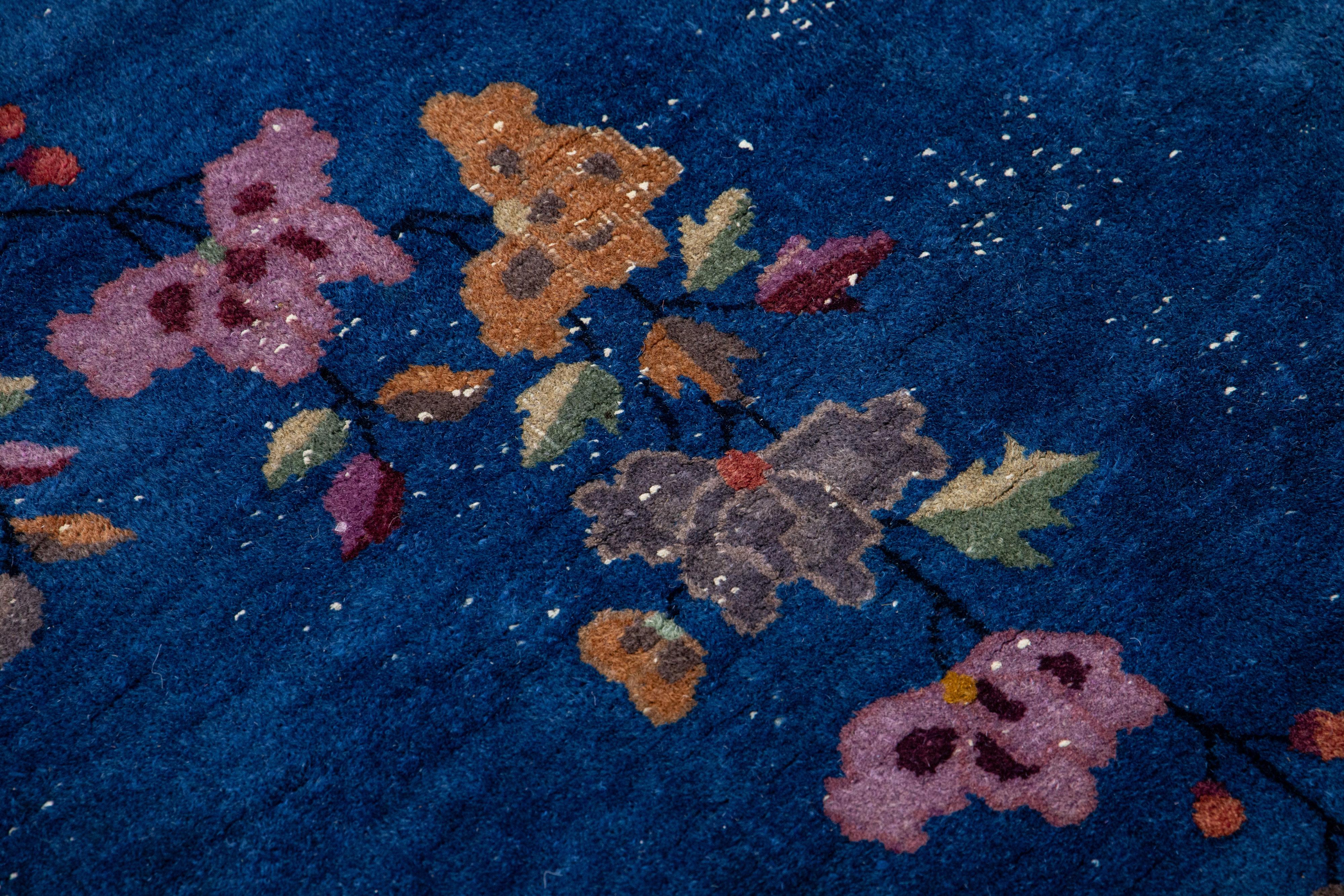 Other Antique Art Deco Blue Chinese Handmade Floral Wool Rug For Sale