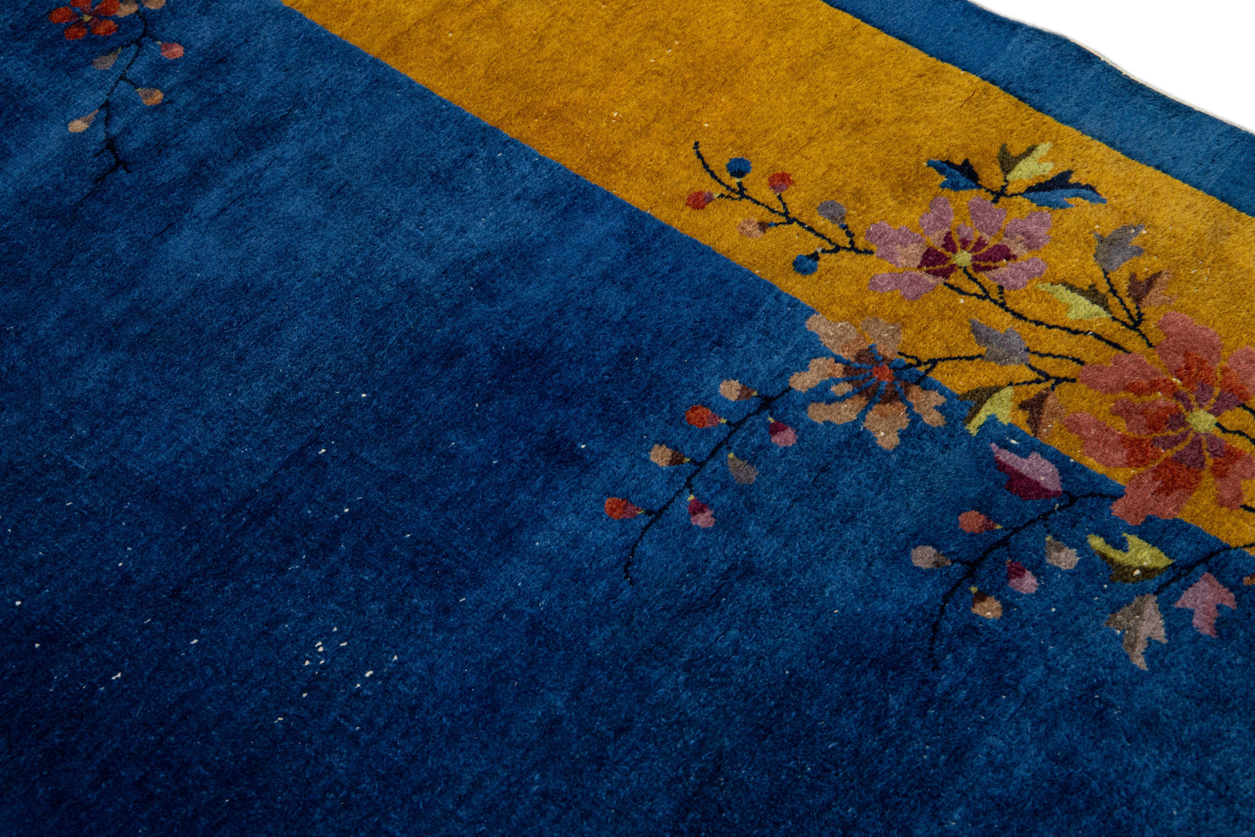 Antique Art Deco Blue Chinese Handmade Floral Wool Rug For Sale 1