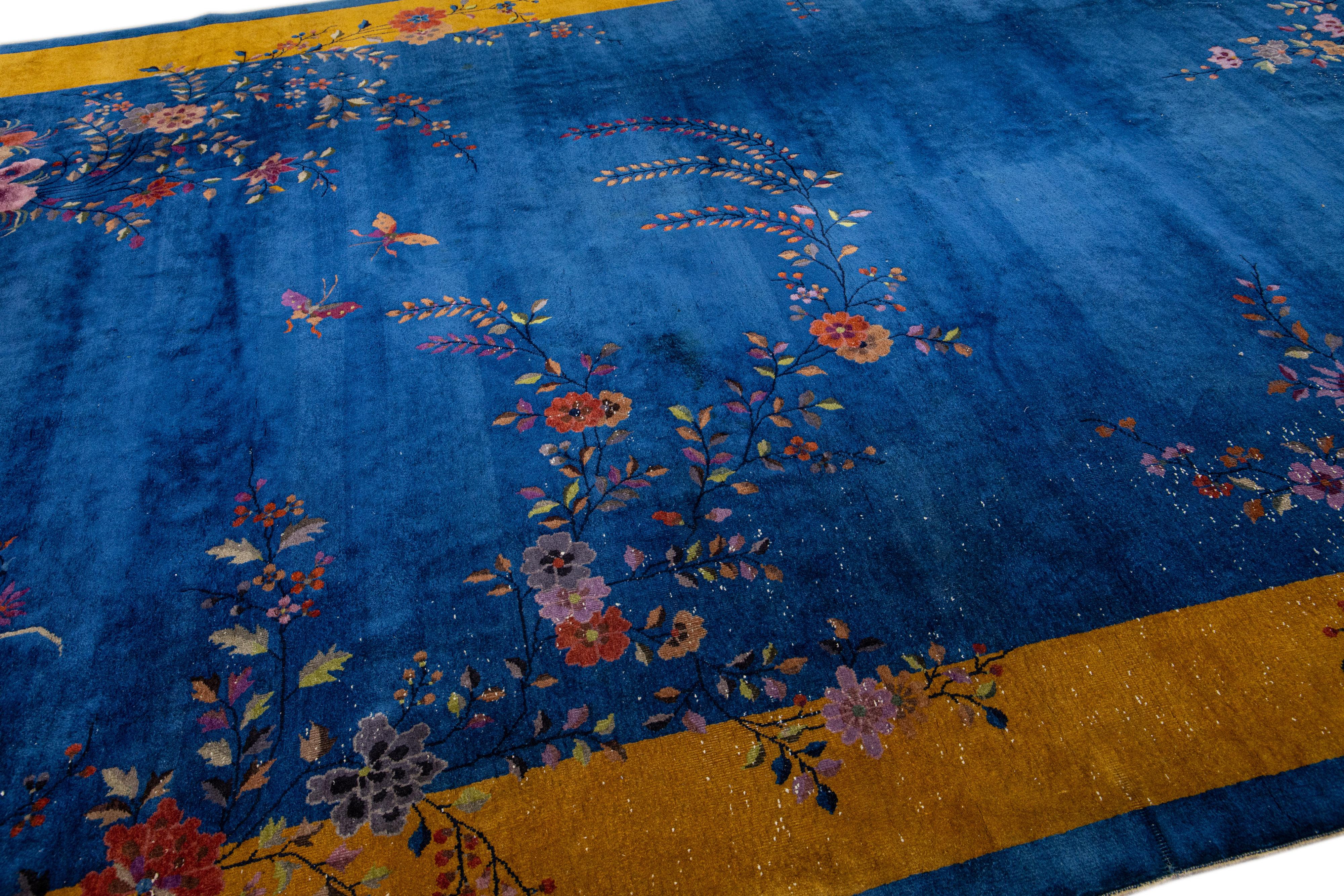 Antique Art Deco Blue Chinese Handmade Floral Wool Rug For Sale 2