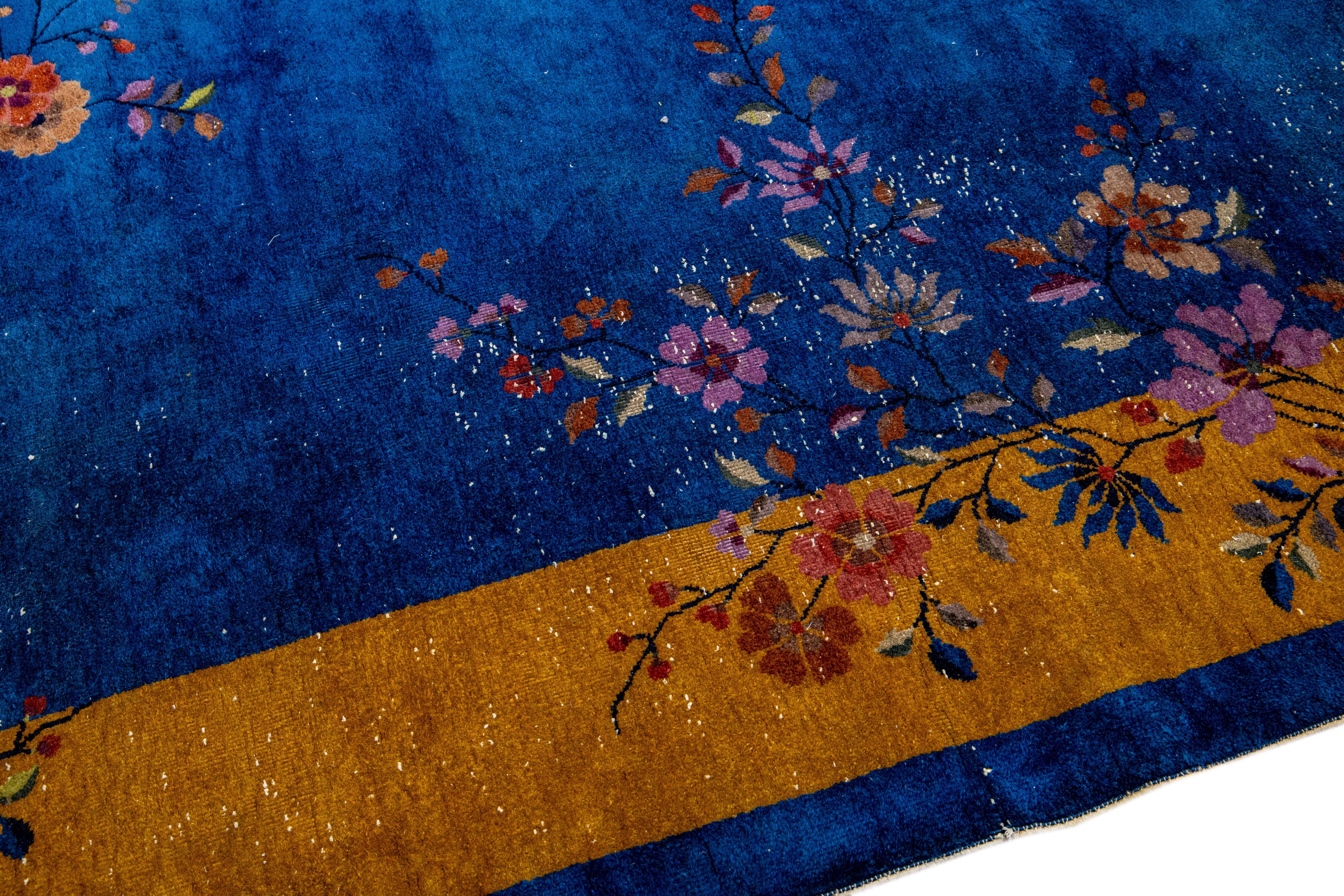 Antique Art Deco Blue Chinese Handmade Floral Wool Rug For Sale 3