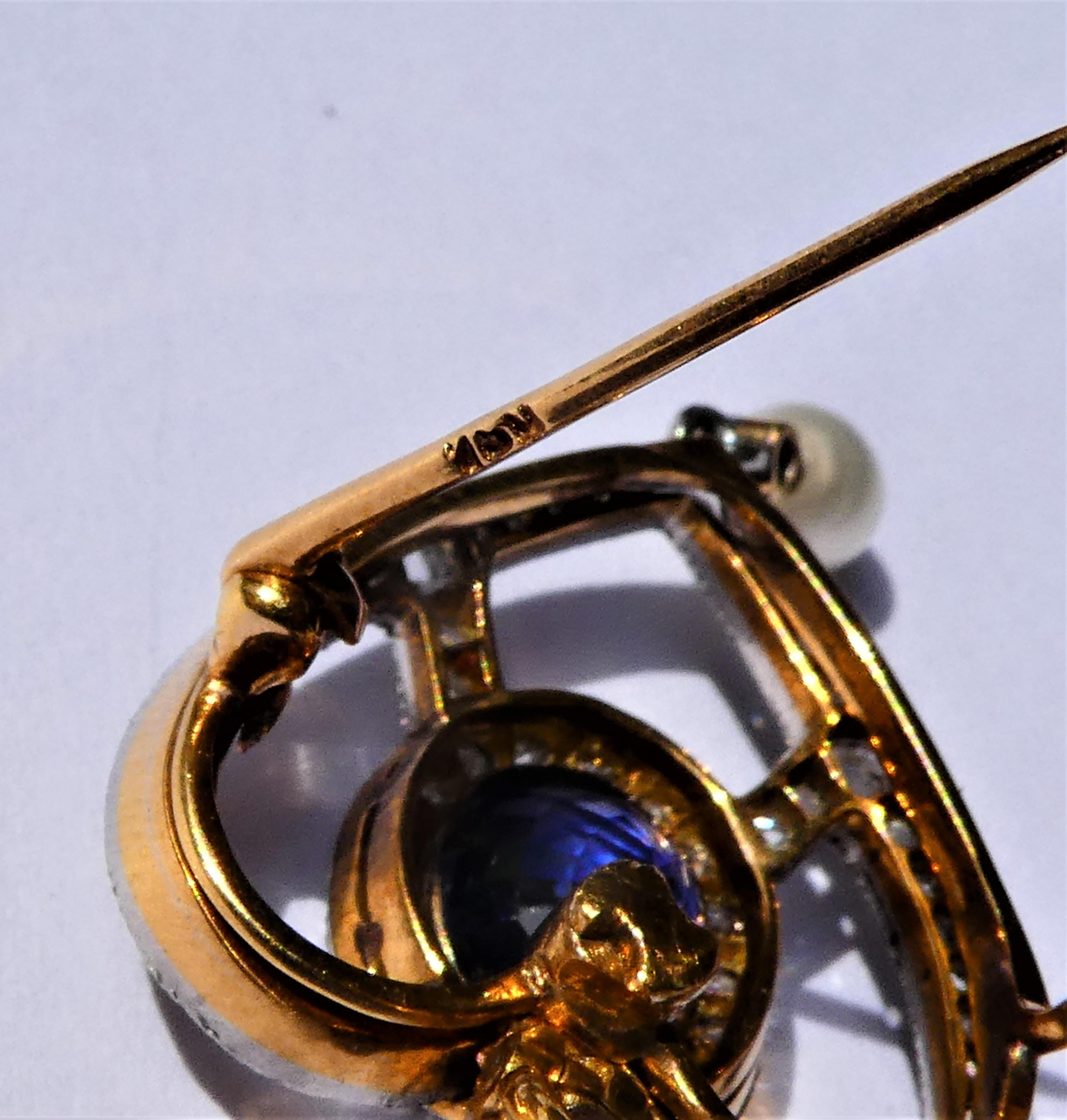 Antique Edwardian Blue Sapphire Diamond Pearl Gold Platinum Heart Brooch Pendant For Sale 5