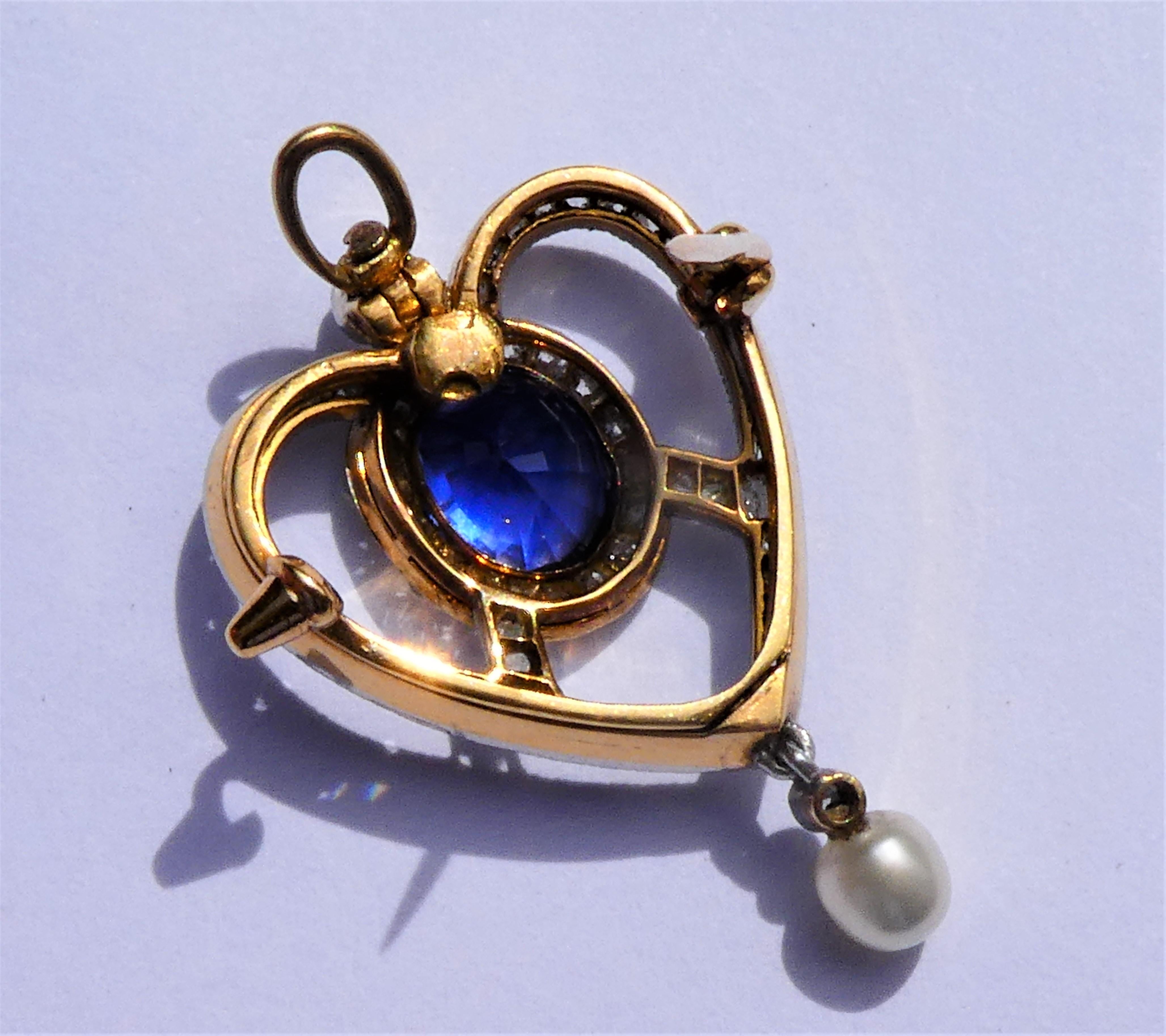 Antique Edwardian Blue Sapphire Diamond Pearl Gold Platinum Heart Brooch Pendant For Sale 6