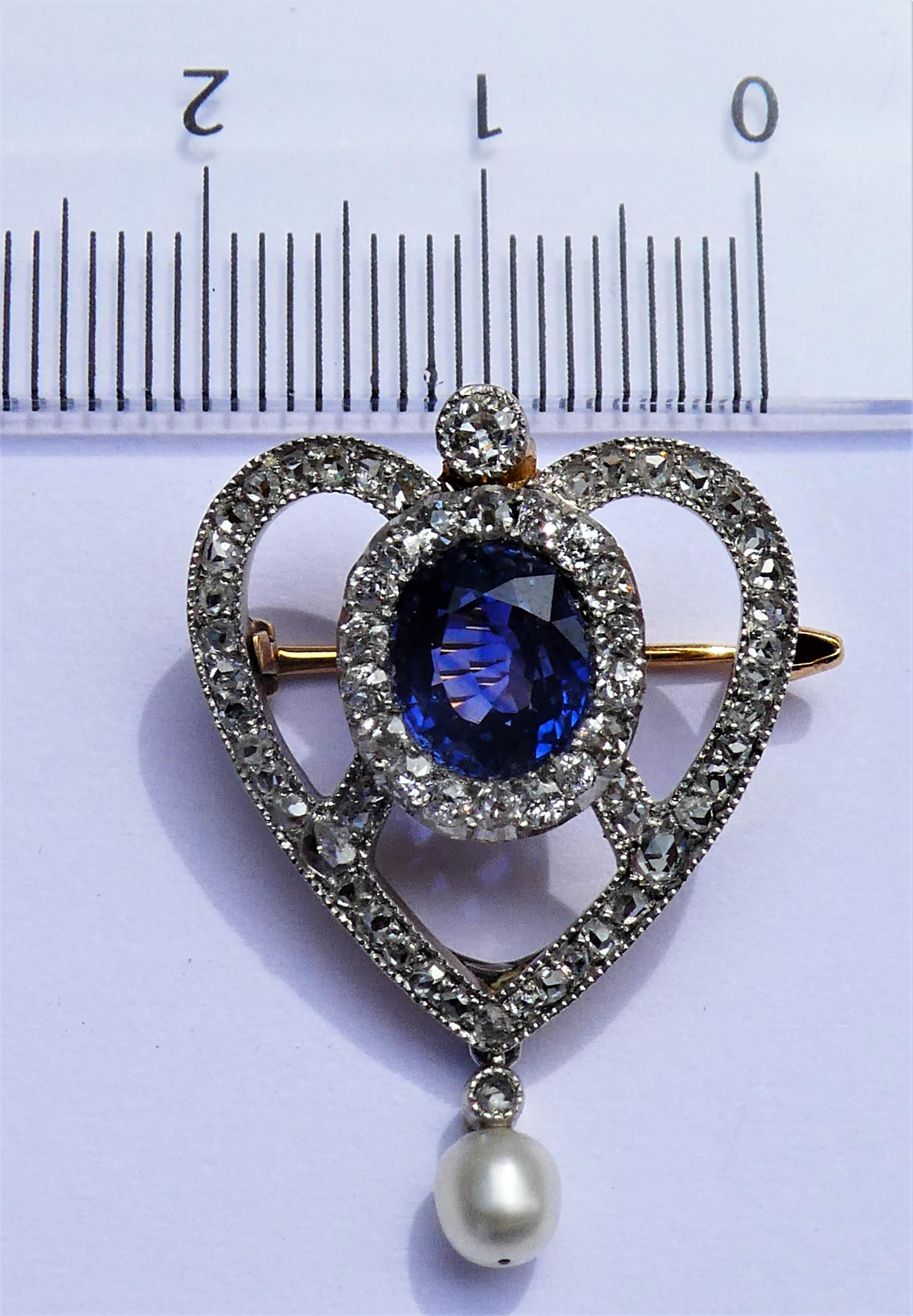 Antique Edwardian Blue Sapphire Diamond Pearl Gold Platinum Heart Brooch Pendant For Sale 7