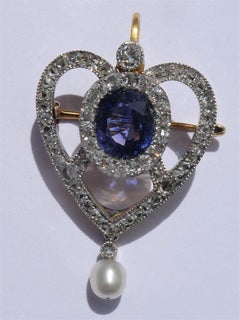 Antique Edwardian Blue Sapphire Diamond Pearl Gold Platinum Heart Brooch Pendant