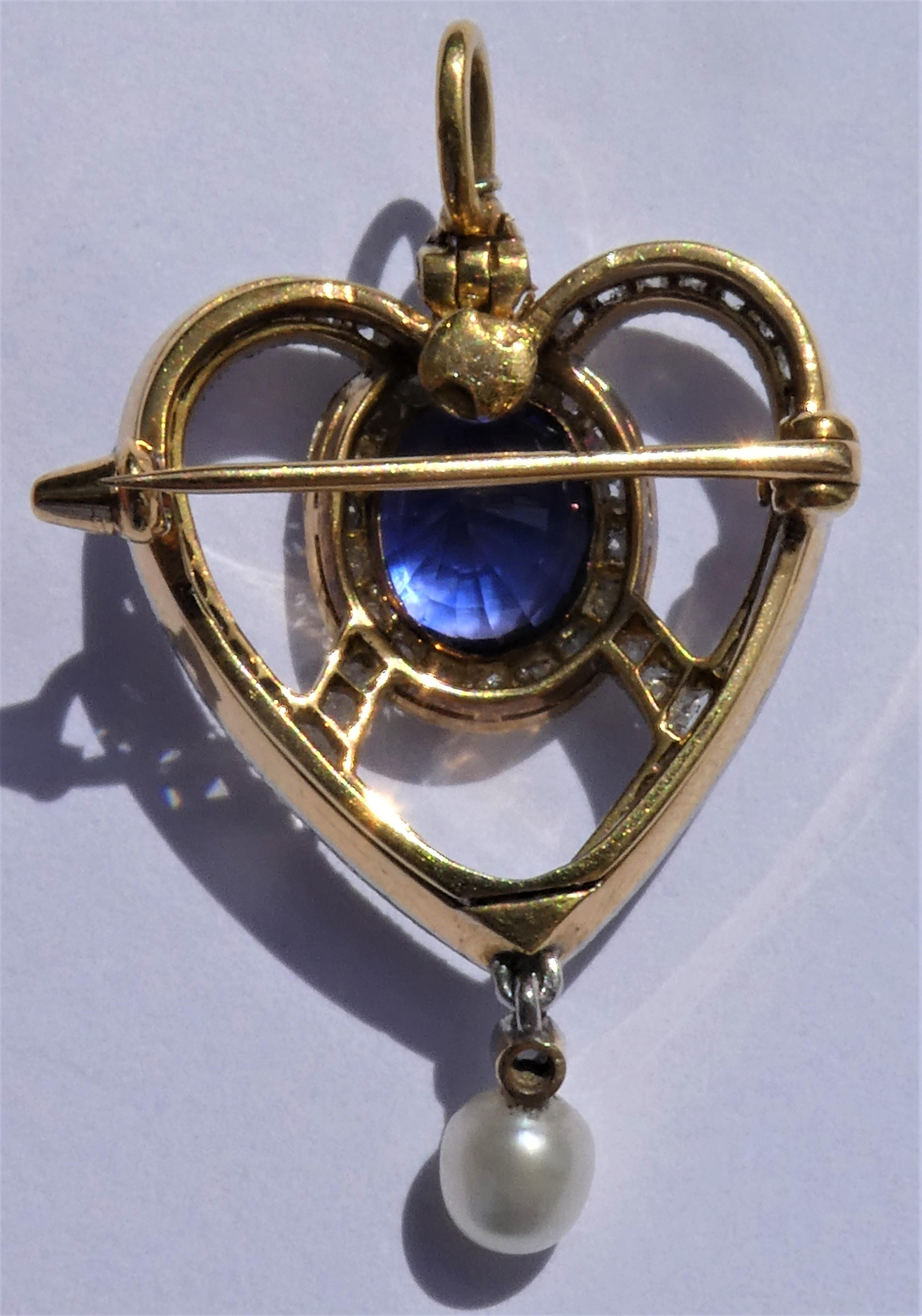 Oval Cut Antique Edwardian Blue Sapphire Diamond Pearl Gold Platinum Heart Brooch Pendant For Sale