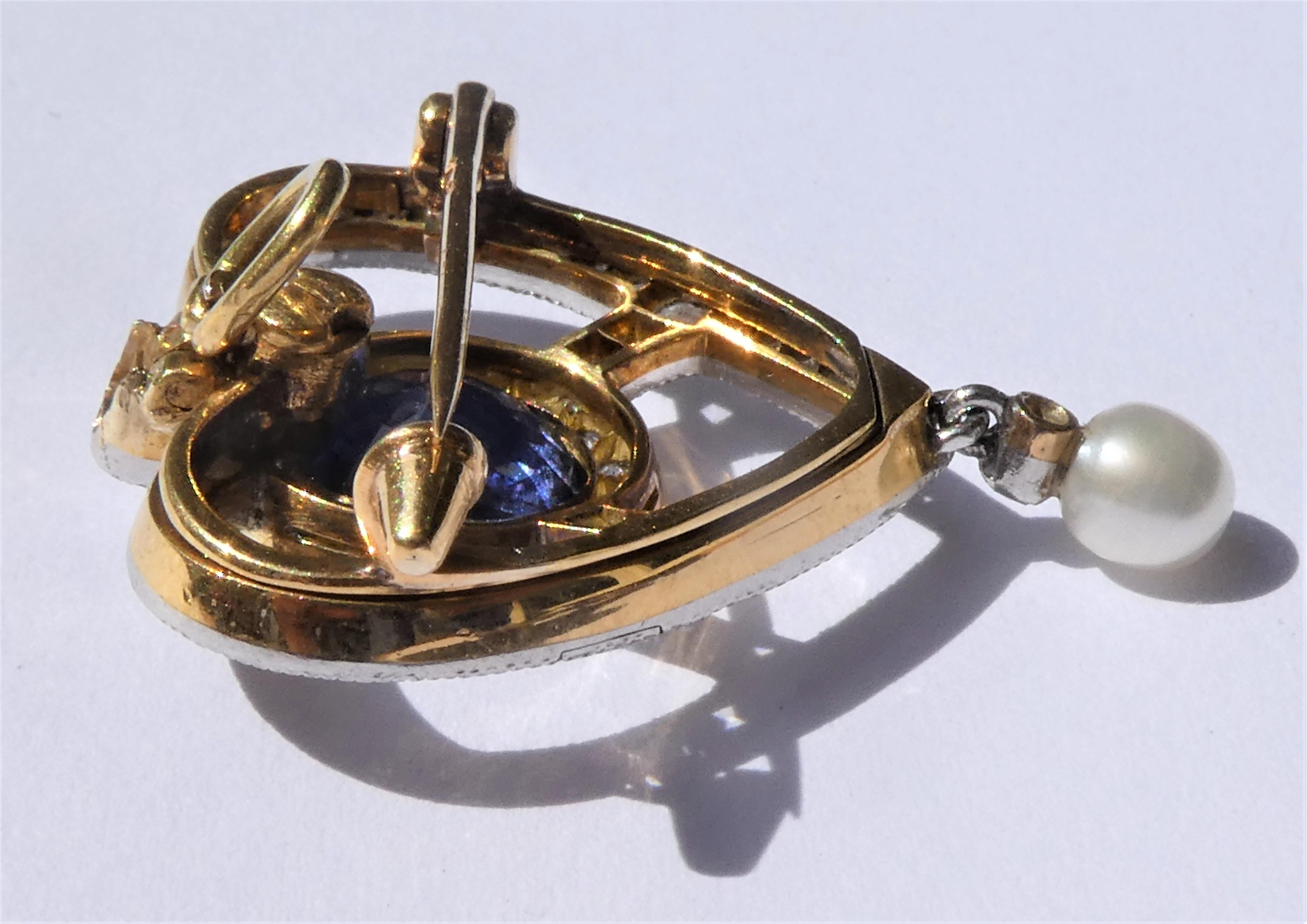 Antique Edwardian Blue Sapphire Diamond Pearl Gold Platinum Heart Brooch Pendant For Sale 1