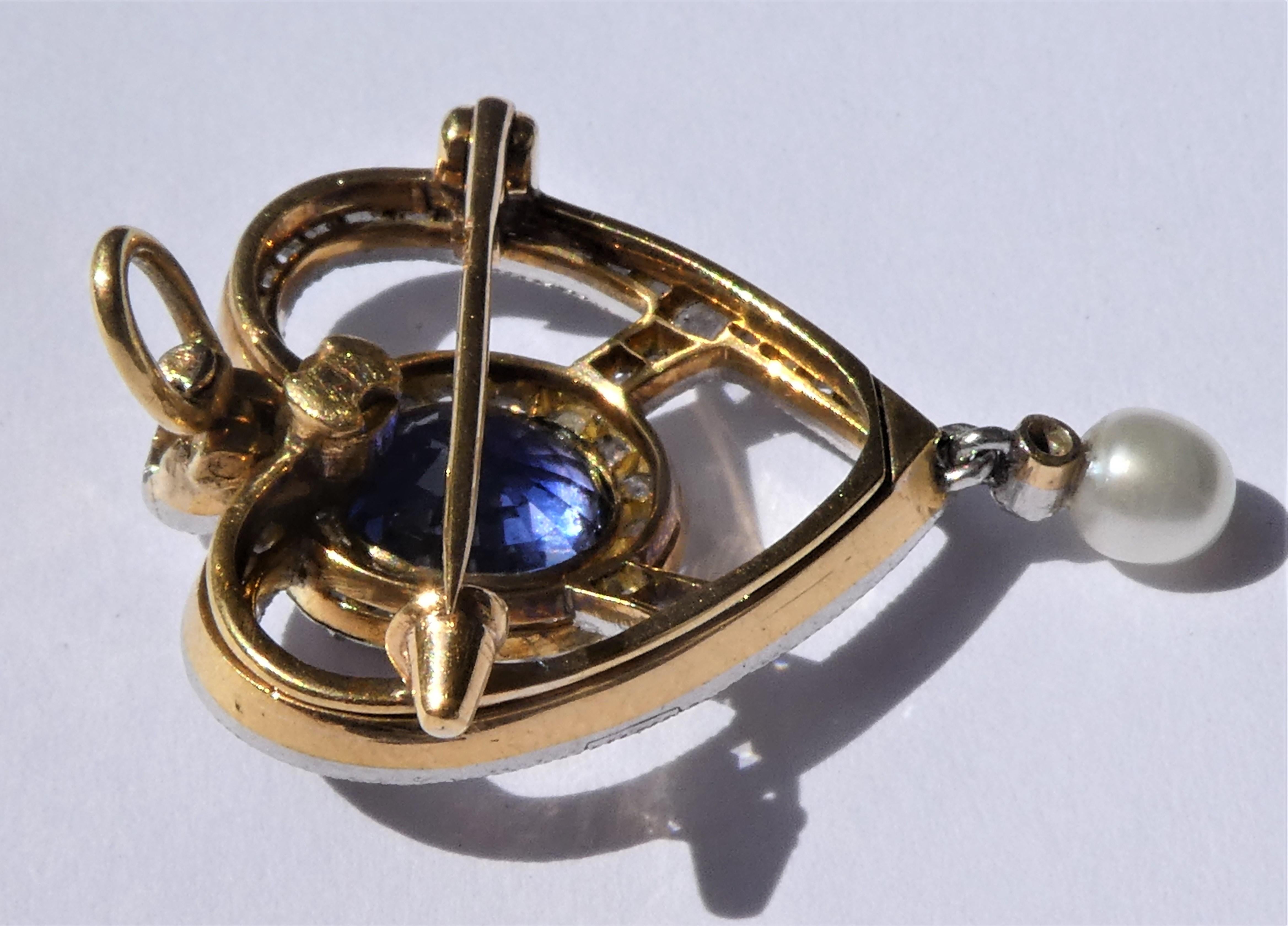 Antique Edwardian Blue Sapphire Diamond Pearl Gold Platinum Heart Brooch Pendant For Sale 2