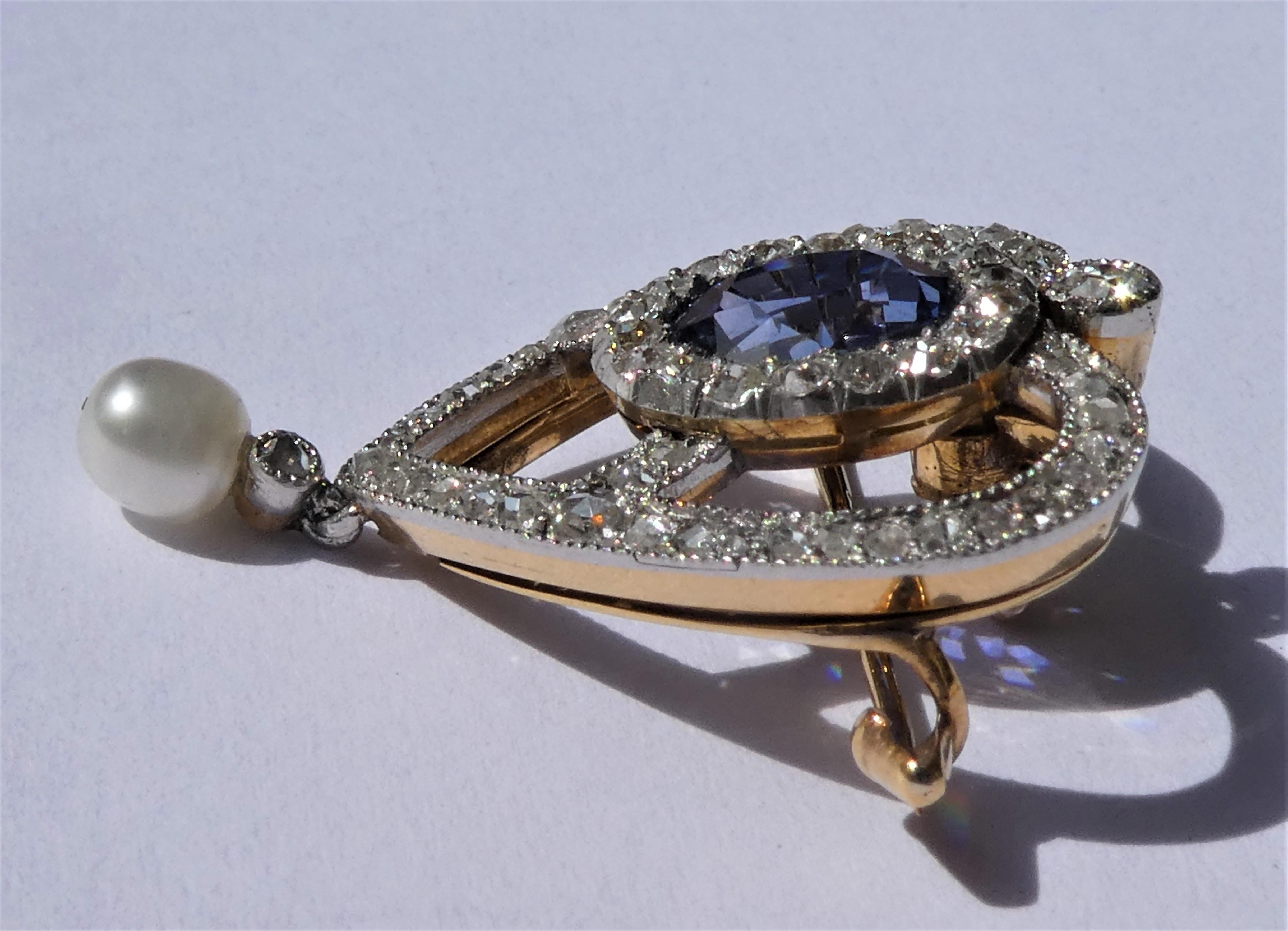 Antique Edwardian Blue Sapphire Diamond Pearl Gold Platinum Heart Brooch Pendant For Sale 3