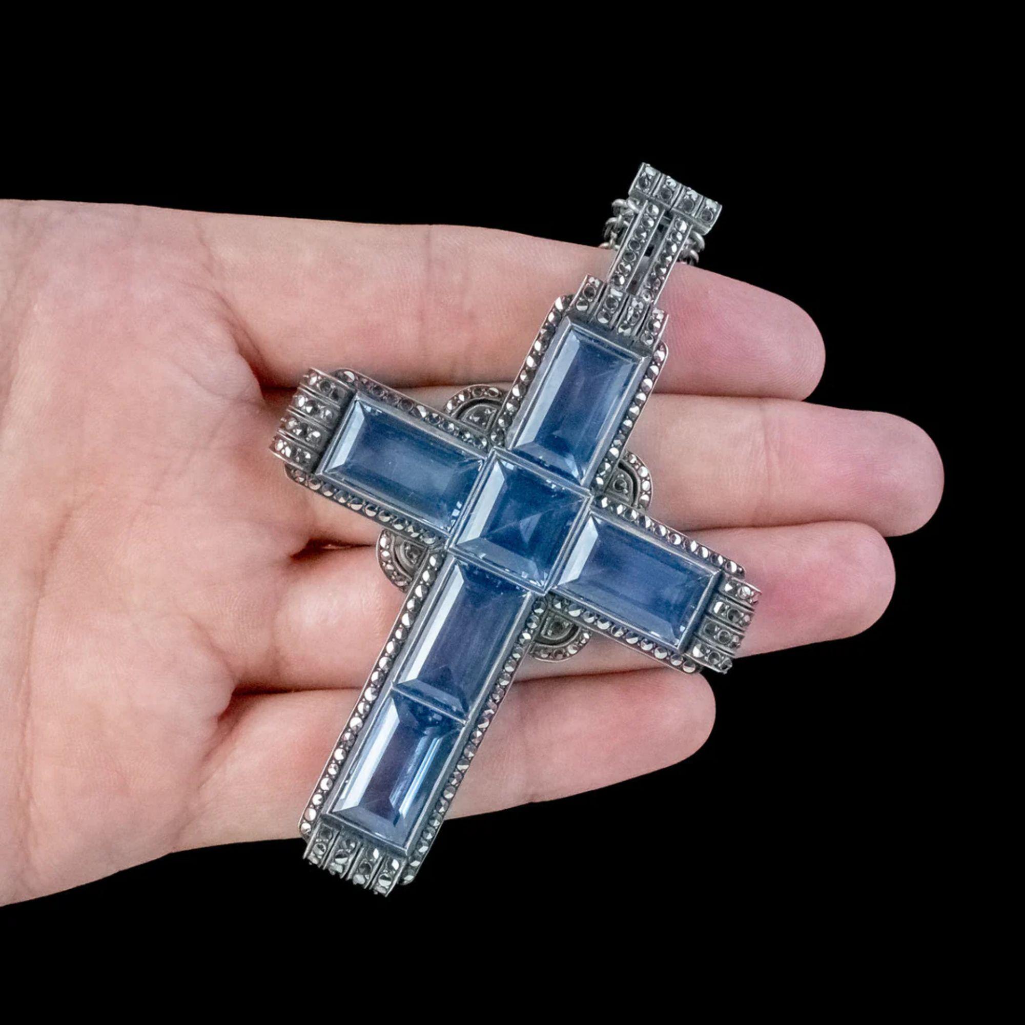 Antique Art Deco Blue Spinel Marcasite Cross Pendant Necklace by Theodor Fahrner In Good Condition For Sale In Kendal, GB