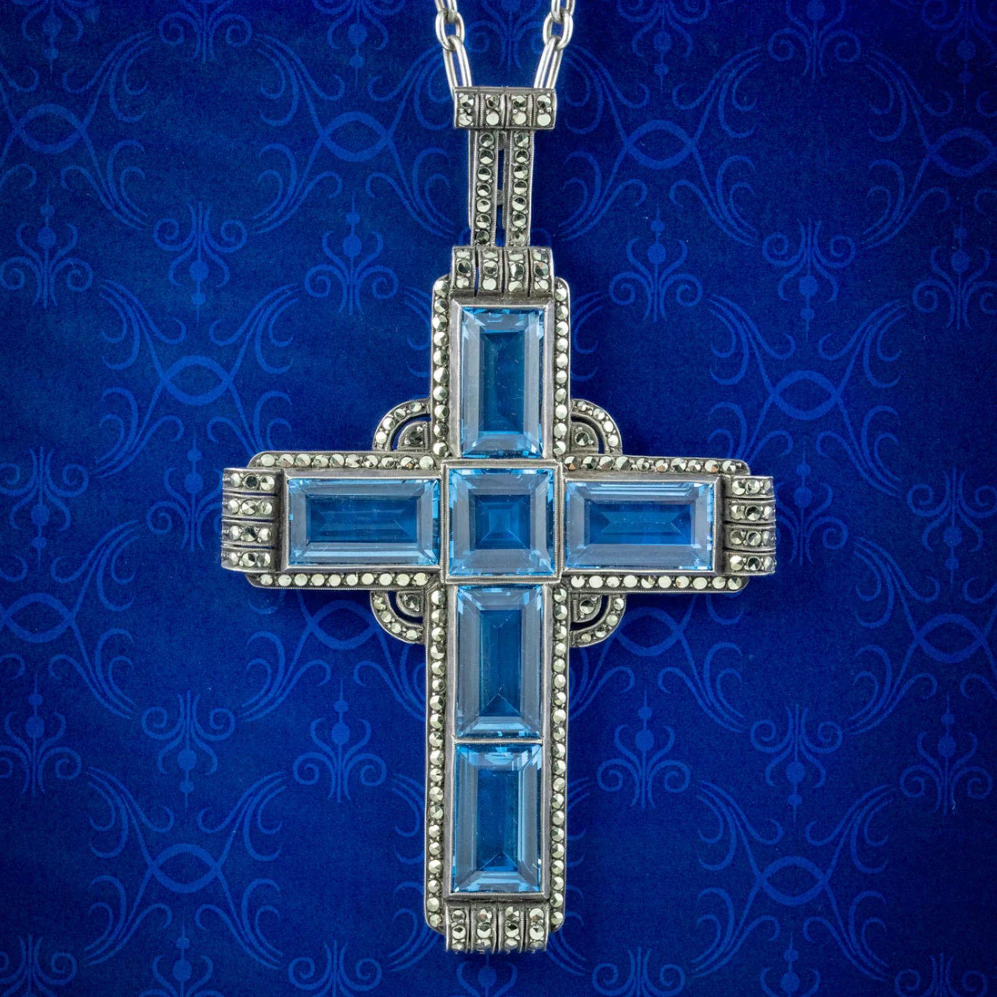 Women's Antique Art Deco Blue Spinel Marcasite Cross Pendant Necklace by Theodor Fahrner For Sale