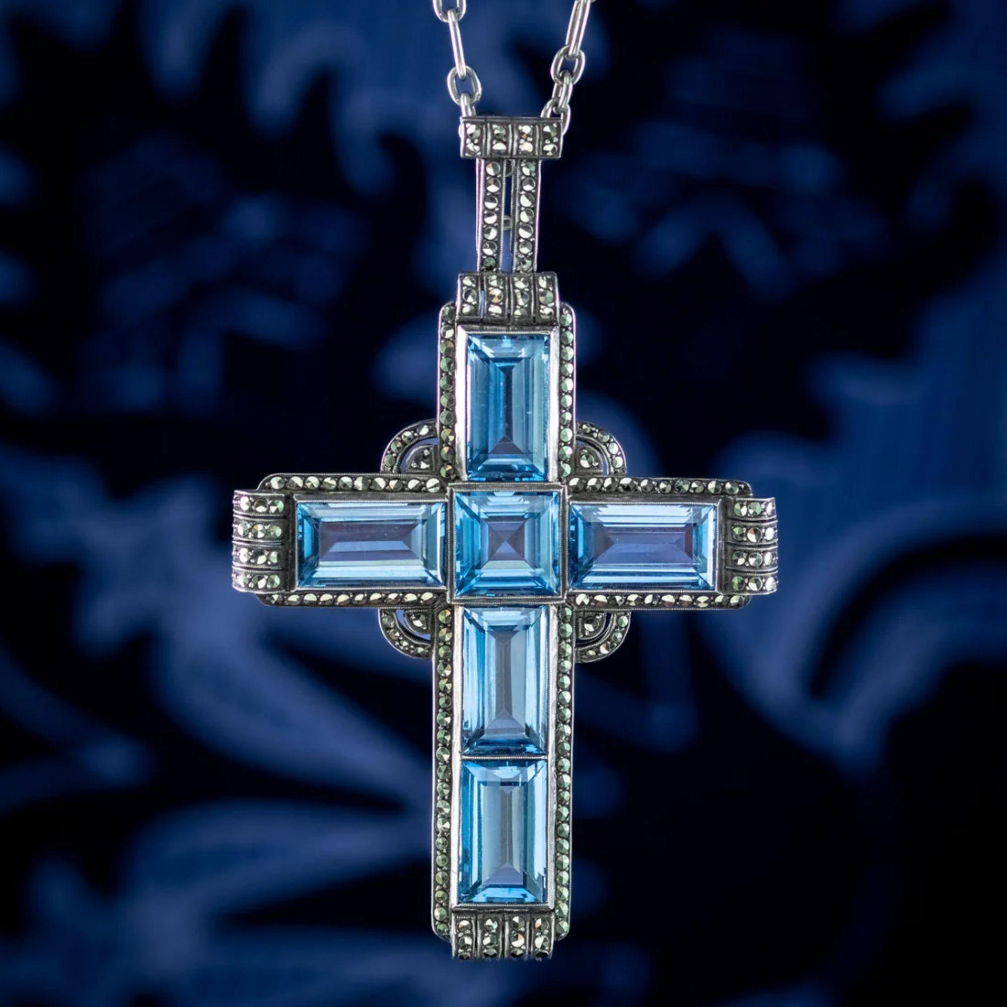 Antique Art Deco Blue Spinel Marcasite Cross Pendant Necklace by Theodor Fahrner For Sale 1