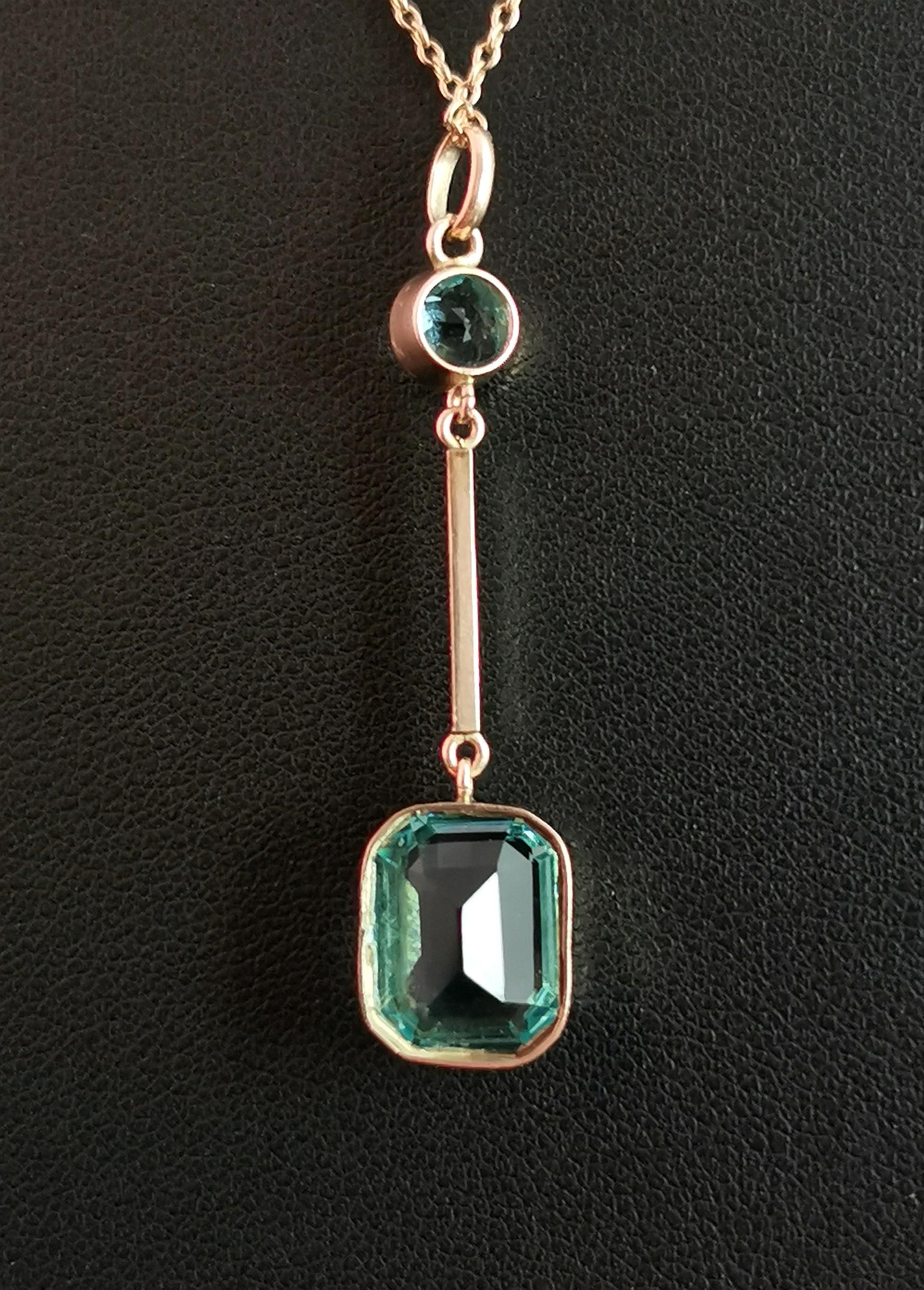 Antique Art Deco Blue Zircon drop pendant, 9k gold necklace  5