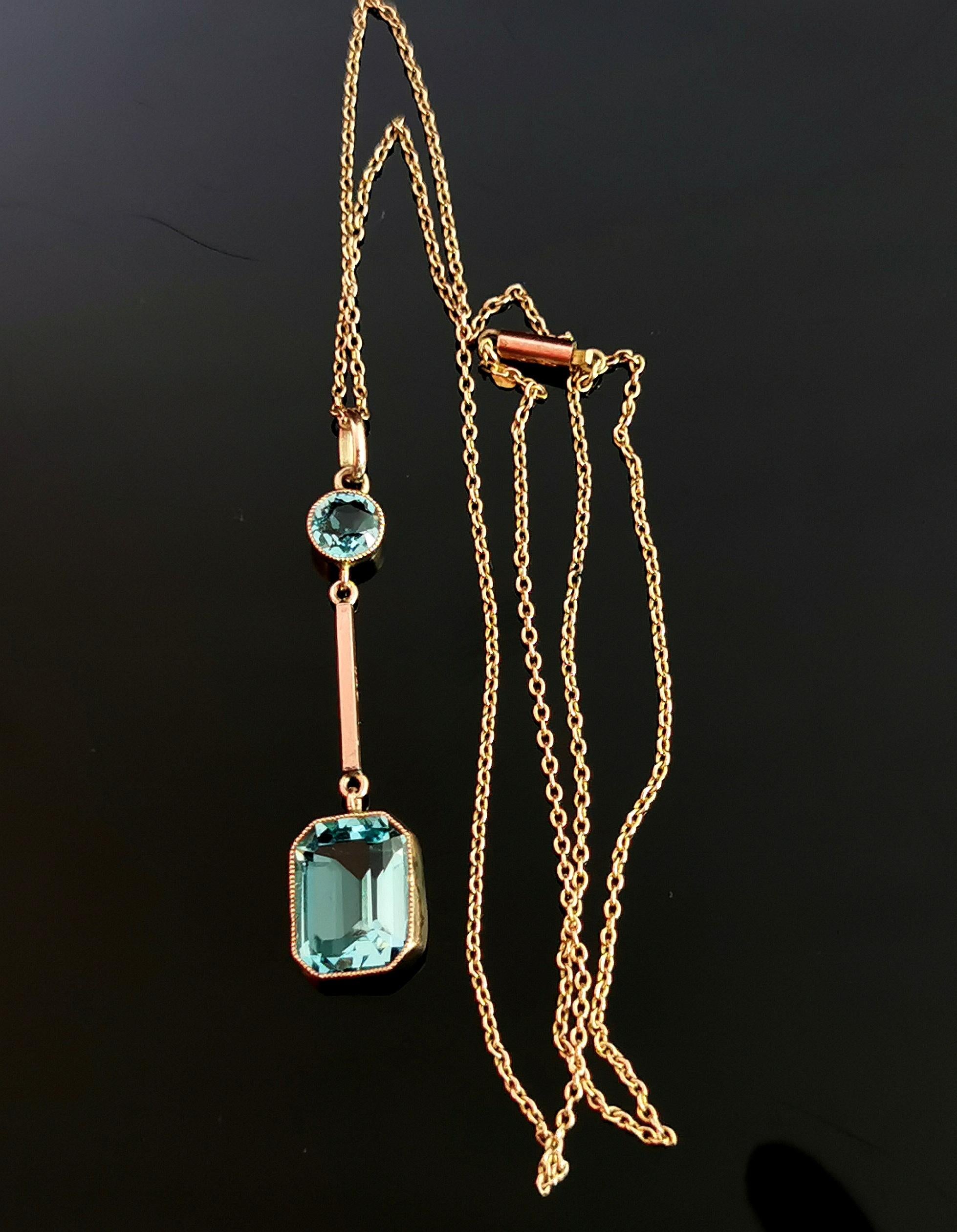 Antique Art Deco Blue Zircon drop pendant, 9k gold necklace  7