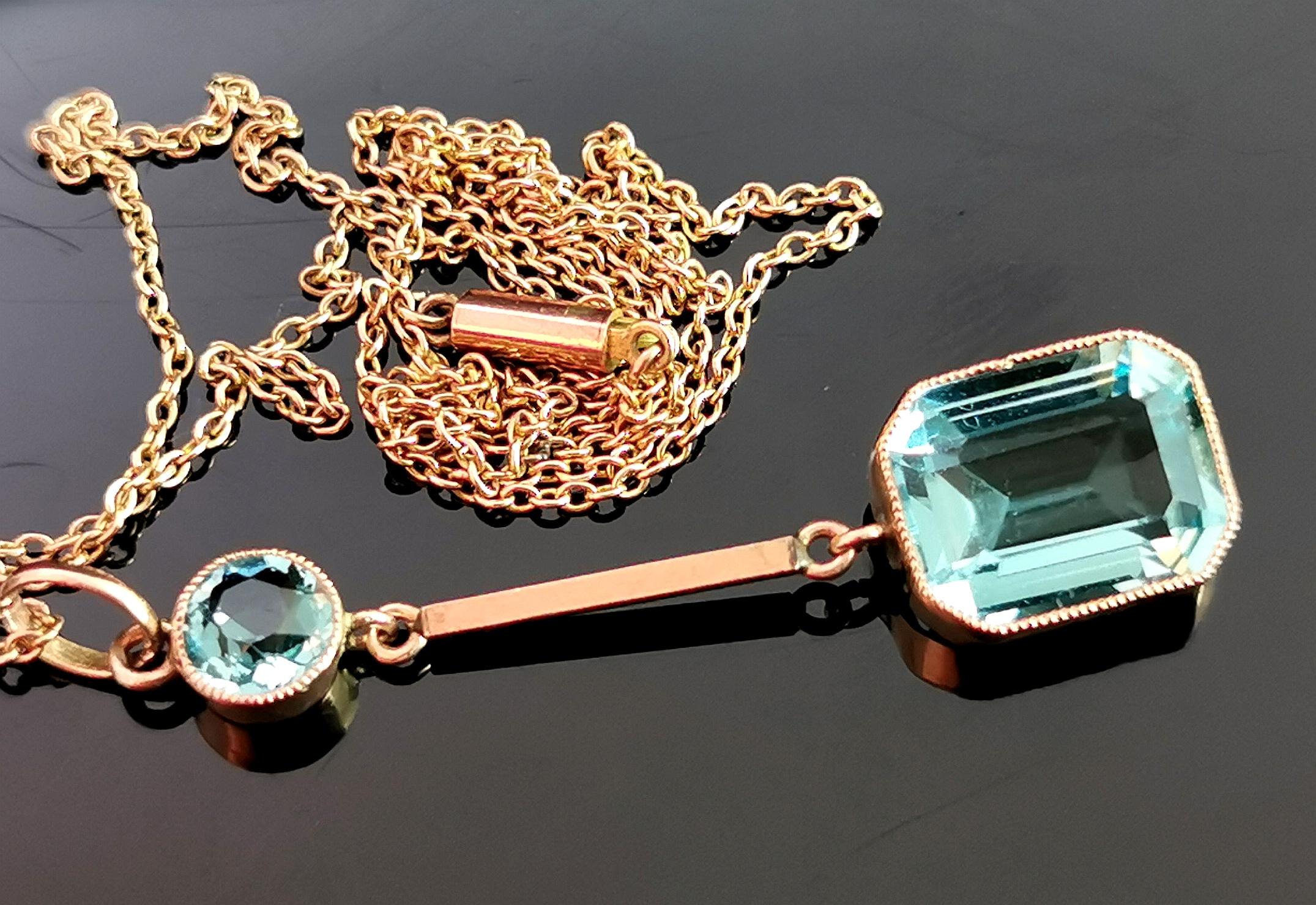Antique Art Deco Blue Zircon drop pendant, 9k gold necklace  8