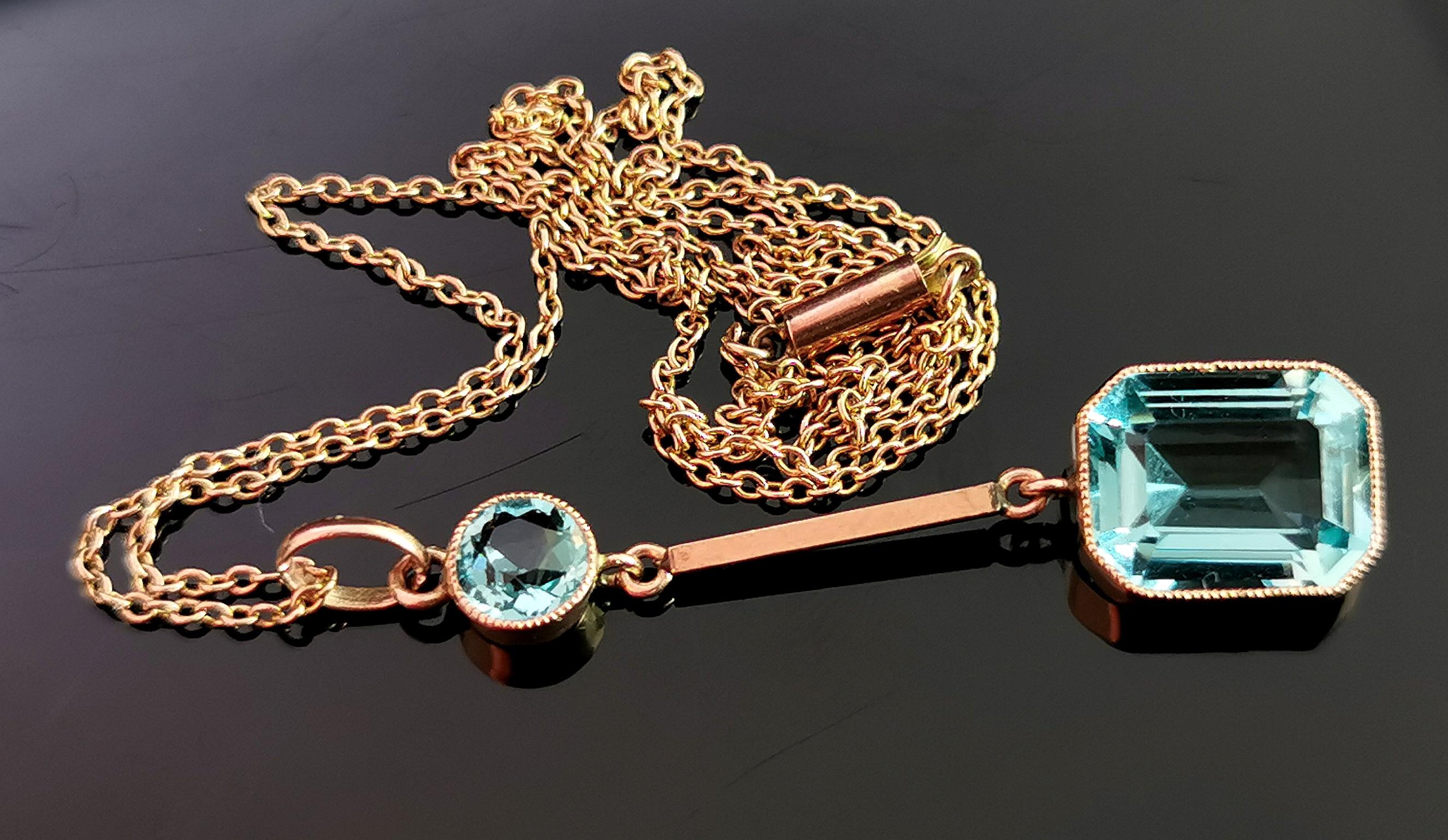 Antique Art Deco Blue Zircon drop pendant, 9k gold necklace  9