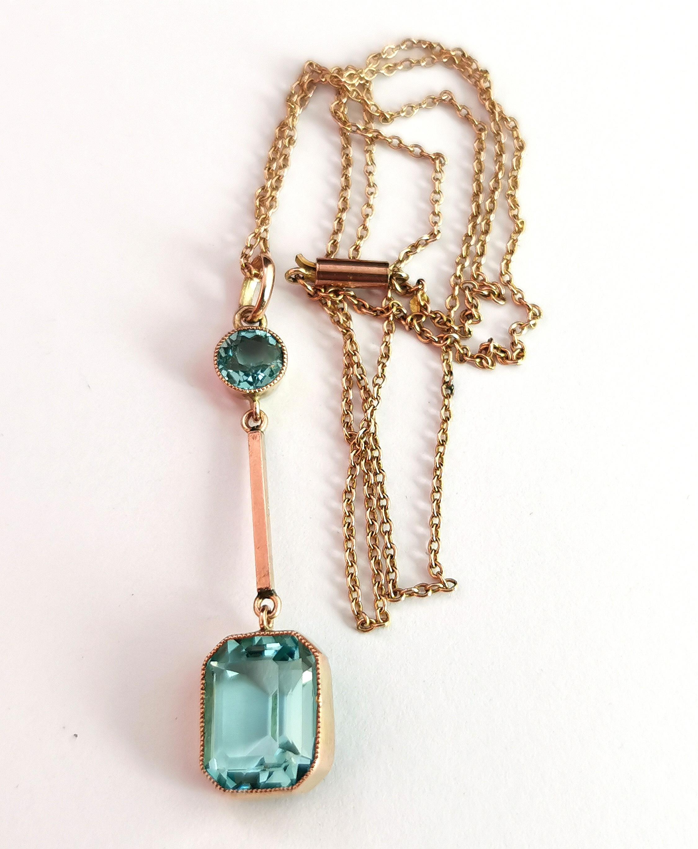 Antique Art Deco Blue Zircon drop pendant, 9k gold necklace  10