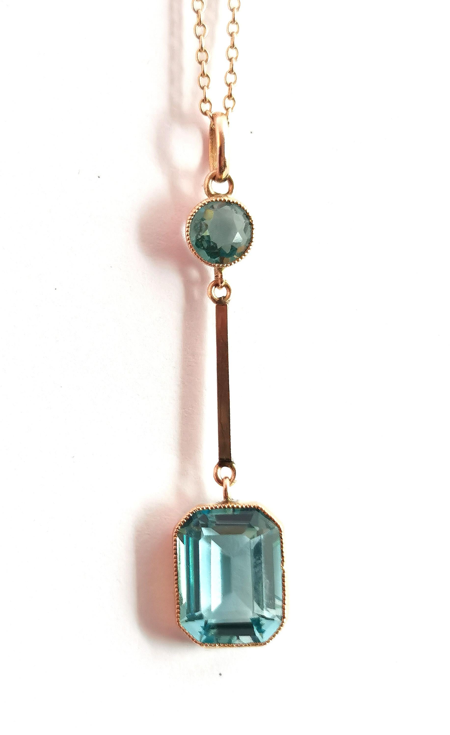 Antique Art Deco Blue Zircon drop pendant, 9k gold necklace  11