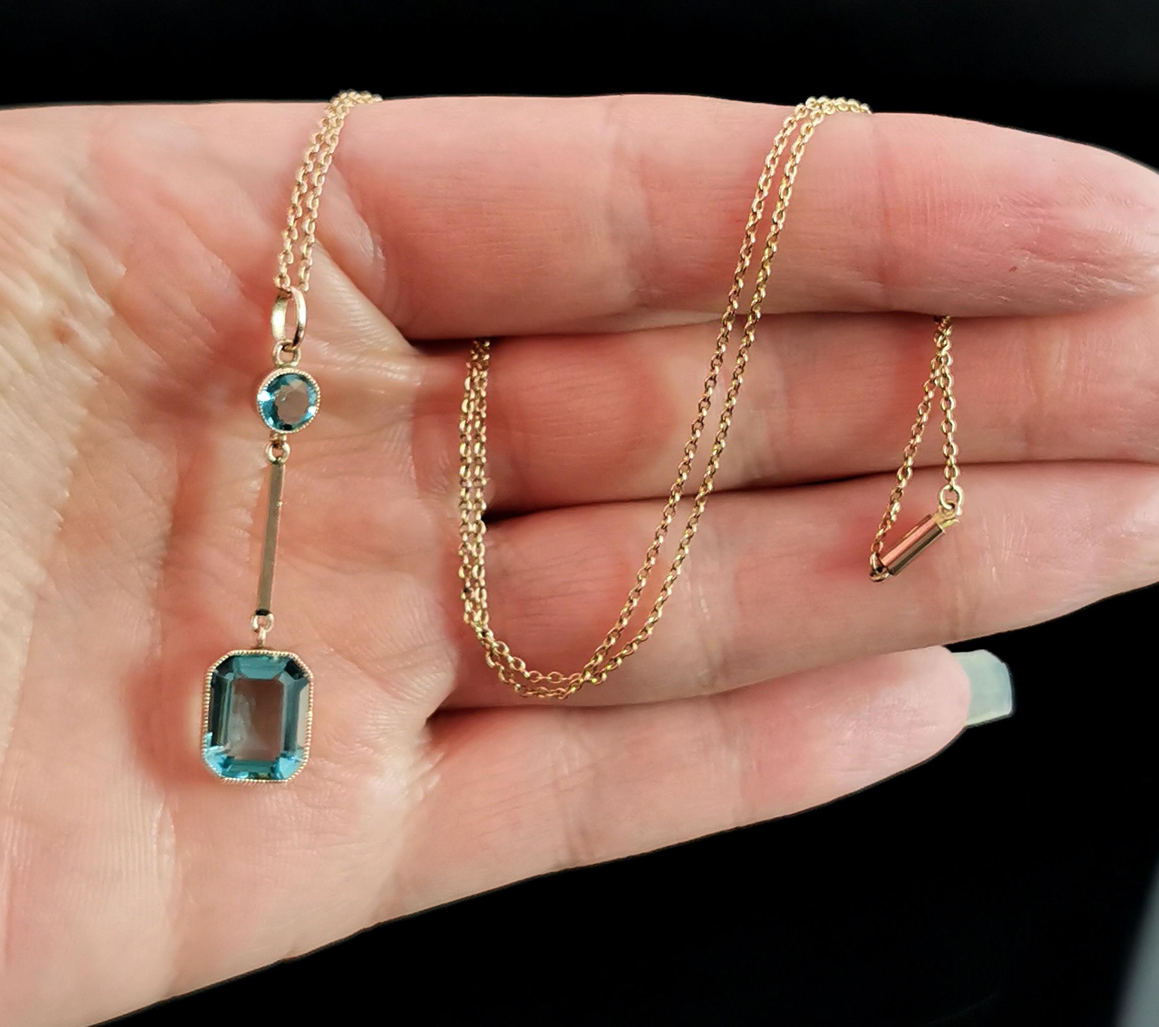 Emerald Cut Antique Art Deco Blue Zircon drop pendant, 9k gold necklace 