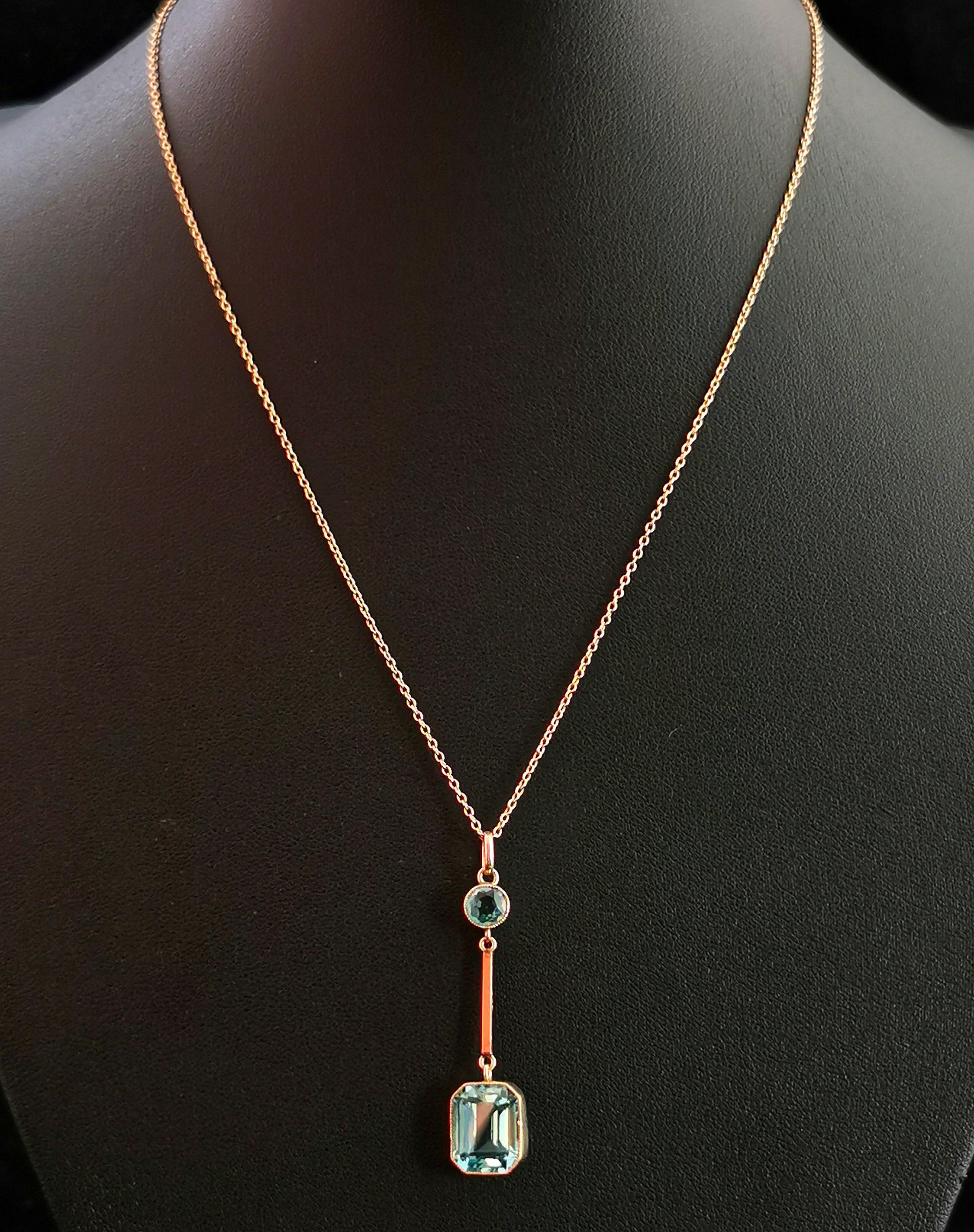 Women's Antique Art Deco Blue Zircon drop pendant, 9k gold necklace 