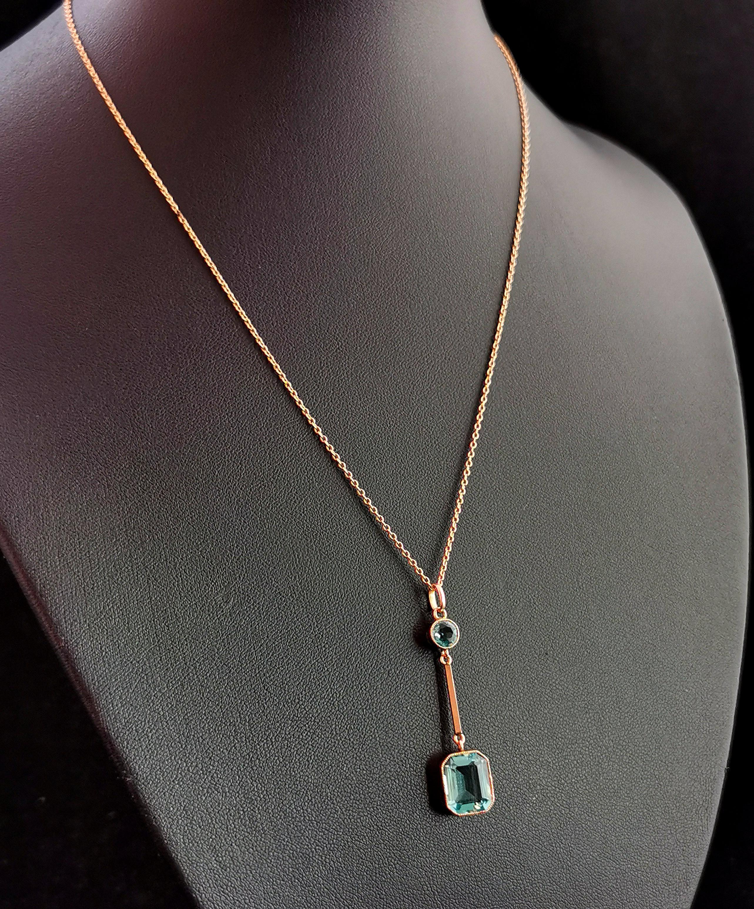 Antique Art Deco Blue Zircon drop pendant, 9k gold necklace  2