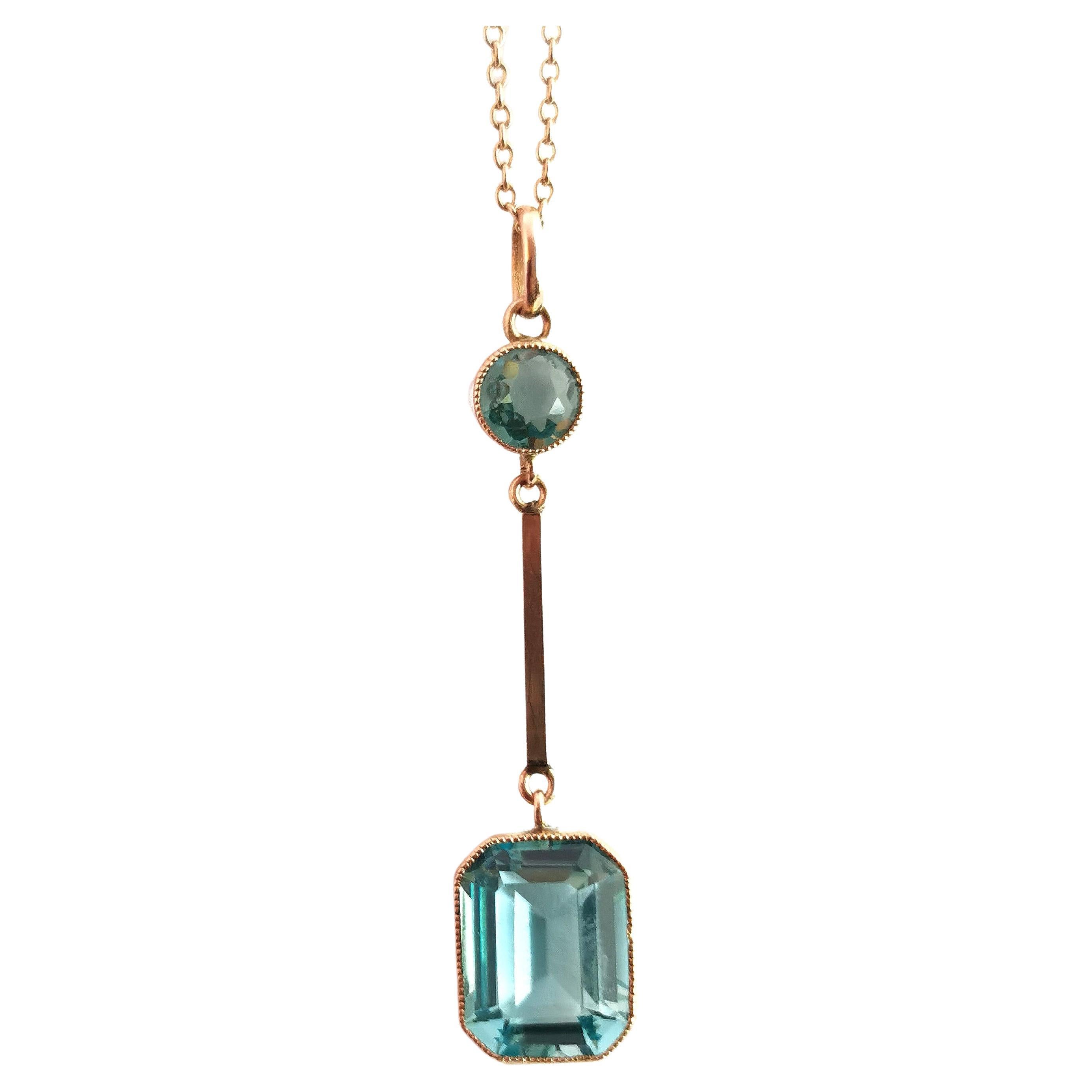 Antique Art Deco Blue Zircon drop pendant, 9k gold necklace 