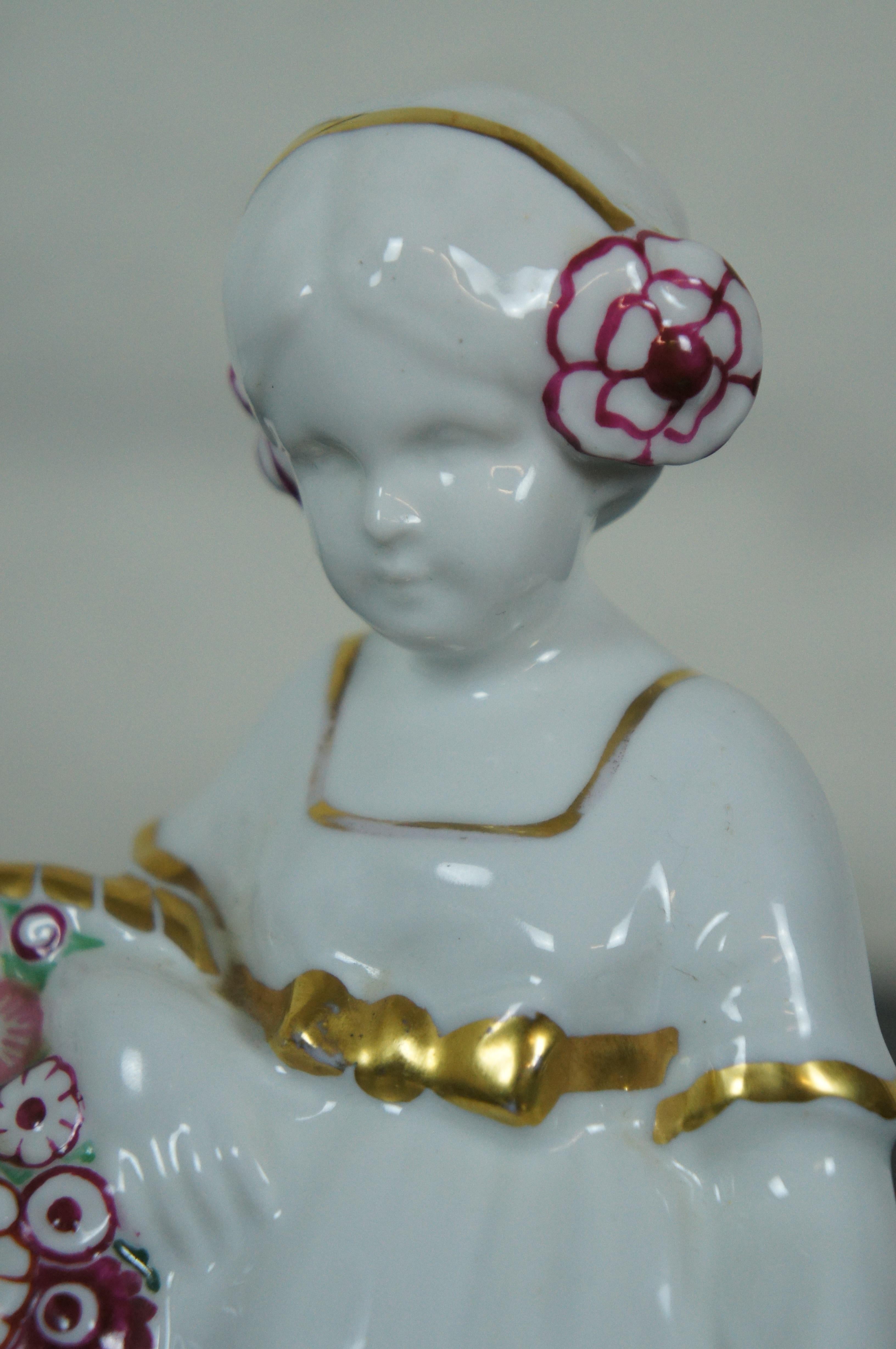 Antico Art Deco Bohemian Pirkenhammer Porcelain Flower Girl Figurine in vendita 5