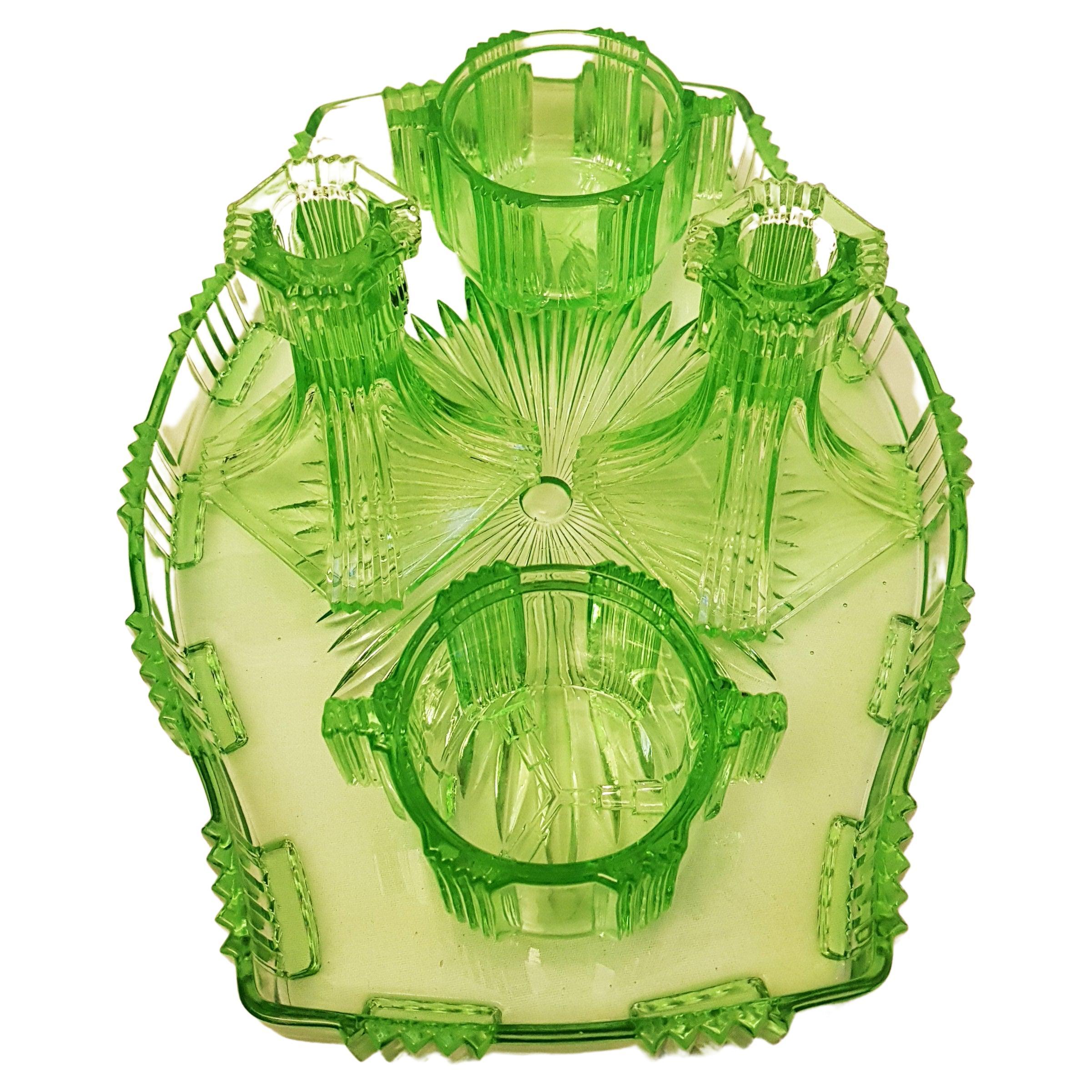 Antique Art Deco Bohemian Uranium Glass Set For Sale