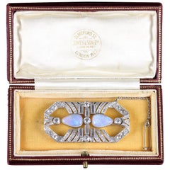 Antique Art Deco Boxed Opal Diamond Brooch 4 Carat Diamond, circa 1920