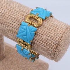 Antique Art Deco Brass Bracelet Glass Turquoise 1930's