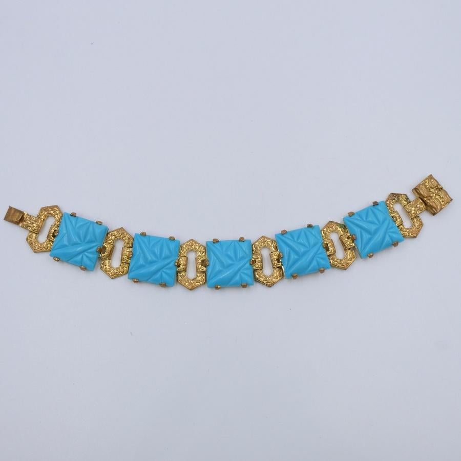 Antique Art Deco Brass Bracelet Glass Turquoise 1930's In Good Condition In Austin, TX