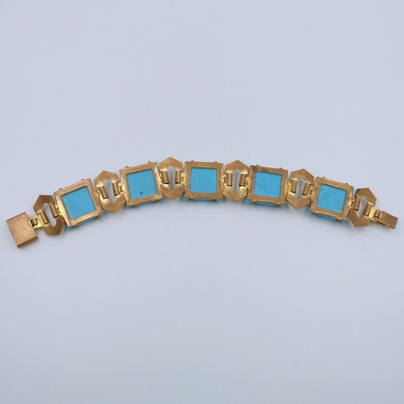 Women's or Men's Antique Art Deco Brass Bracelet Glass Turquoise 1930's