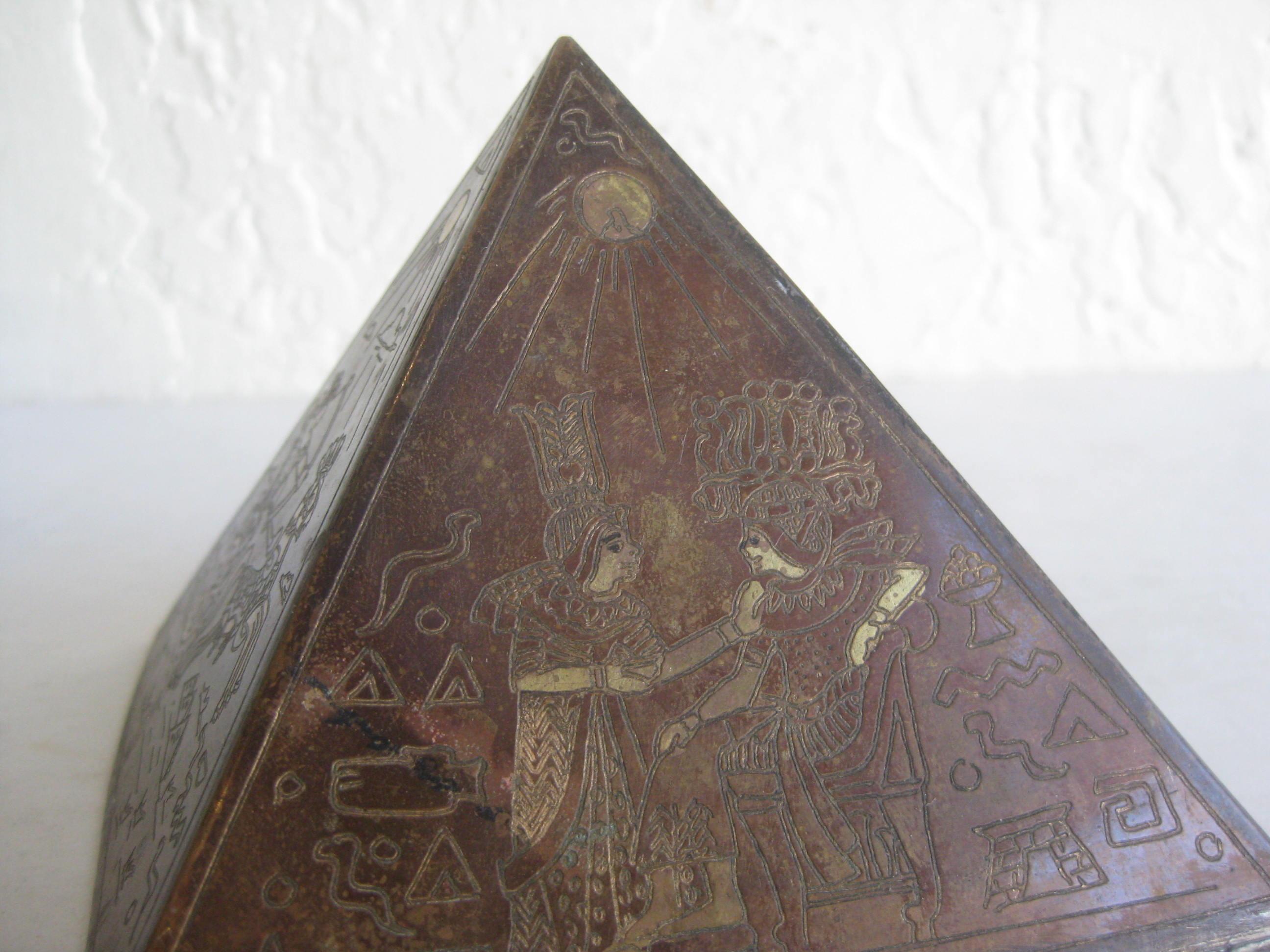 Antique Art Deco Brass & Copper Egyptian Revival Pyramid Desk Statue Paperweight 3
