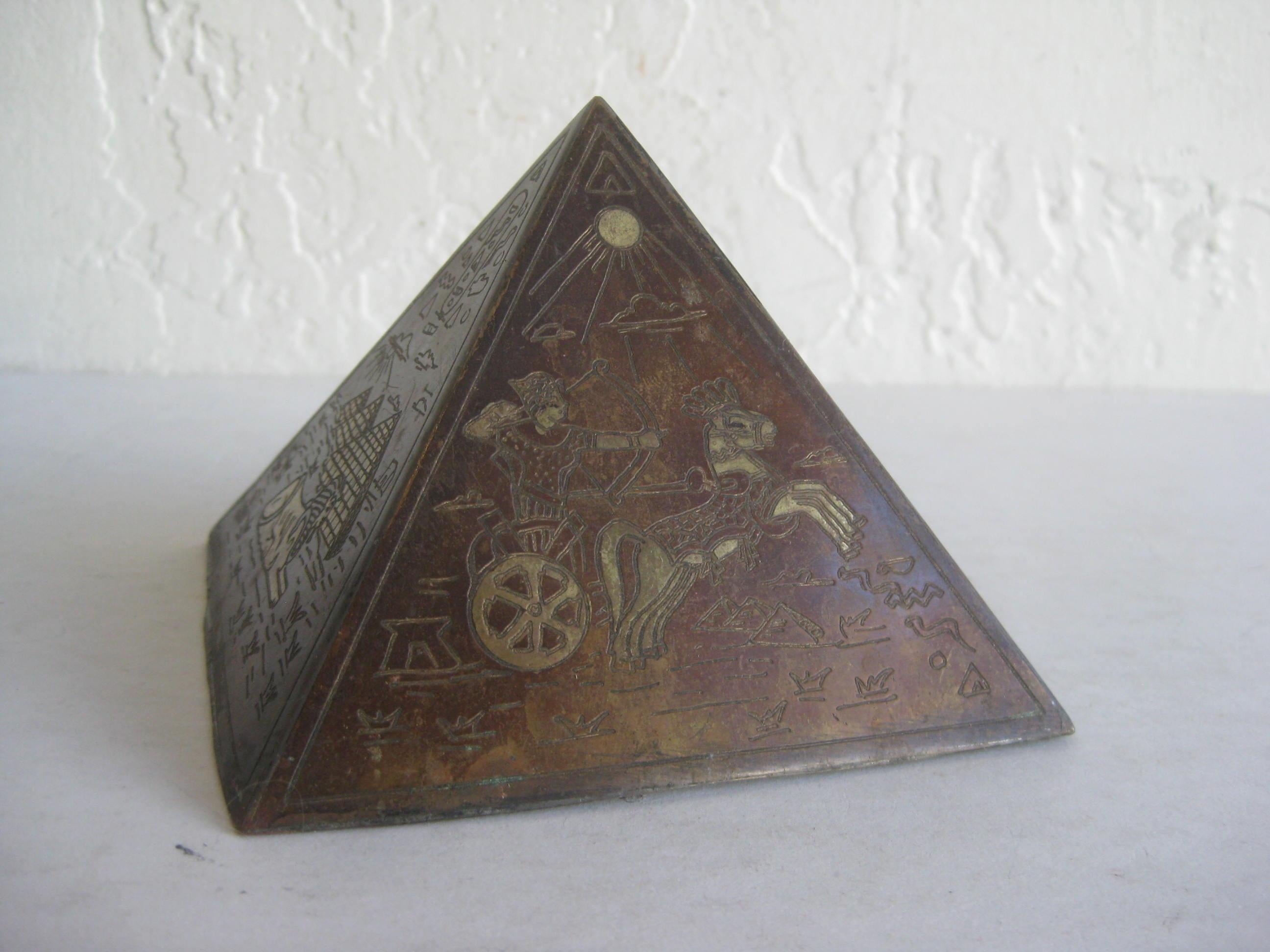 20th Century Antique Art Deco Brass & Copper Egyptian Revival Pyramid Desk Statue Paperweight