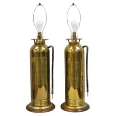 Antique Art Deco Brass Fire Extinguisher Converted Table Lamps - a Pair