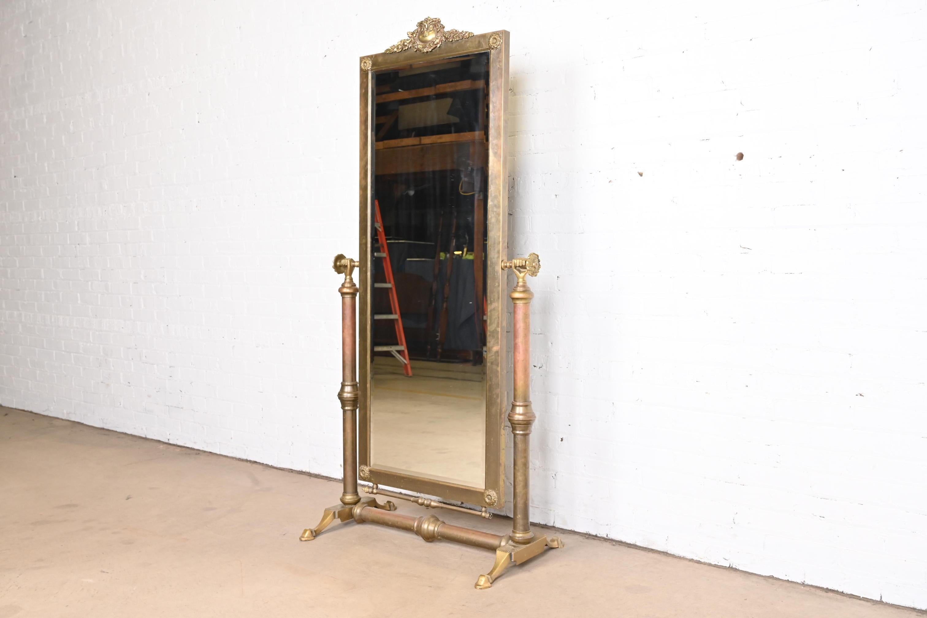 Antique Art Deco Brass Full Length Cheval Floor Mirror, Circa 1930s In Good Condition In South Bend, IN