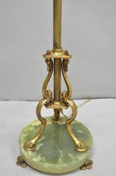 Antique Art Deco Brass & Green Onyx Paw Foot Victorian Pole Floor Lamp
