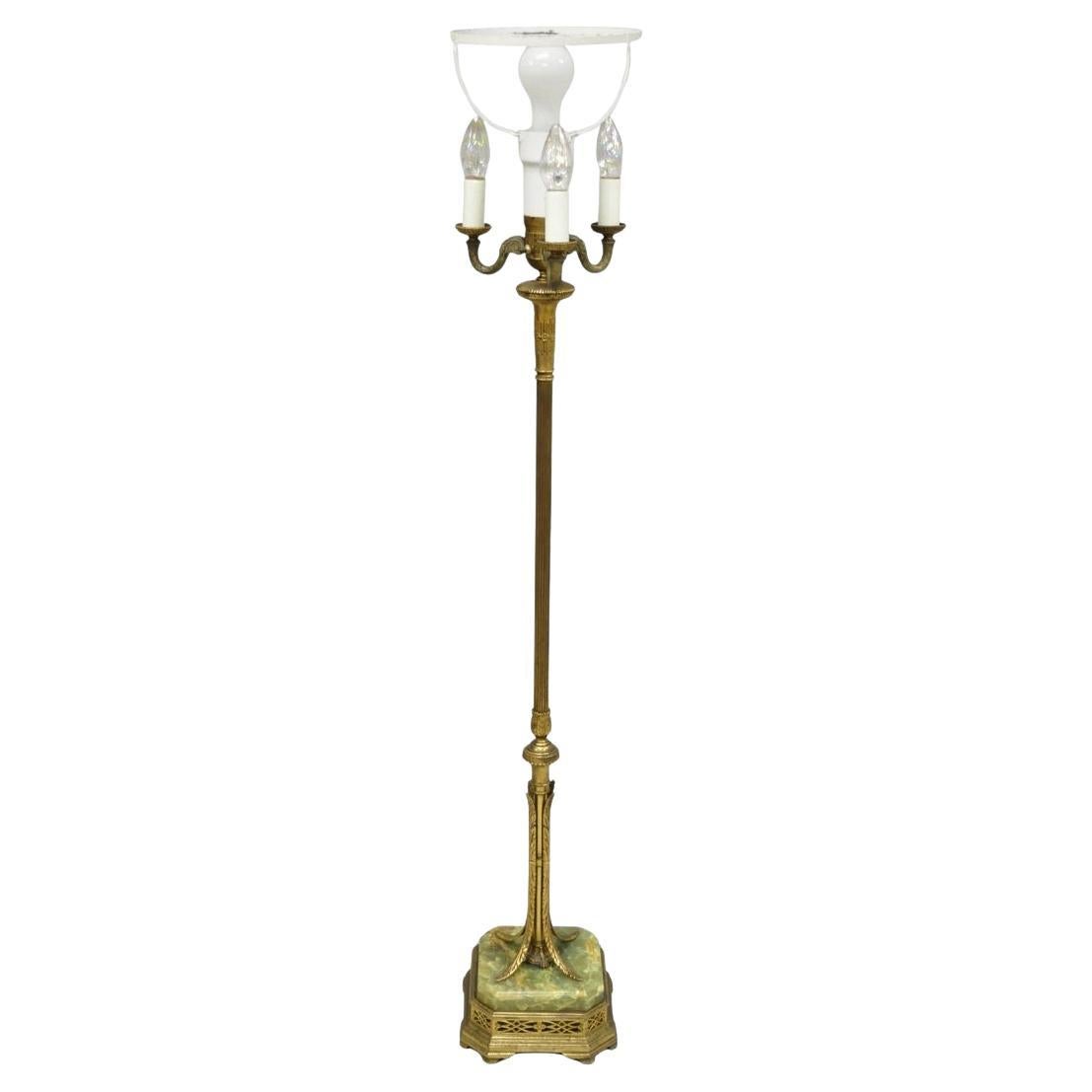 Antique Art Deco Brass & Green Onyx Pole Floor Lamp by Mutual Sunset Lamp Co.